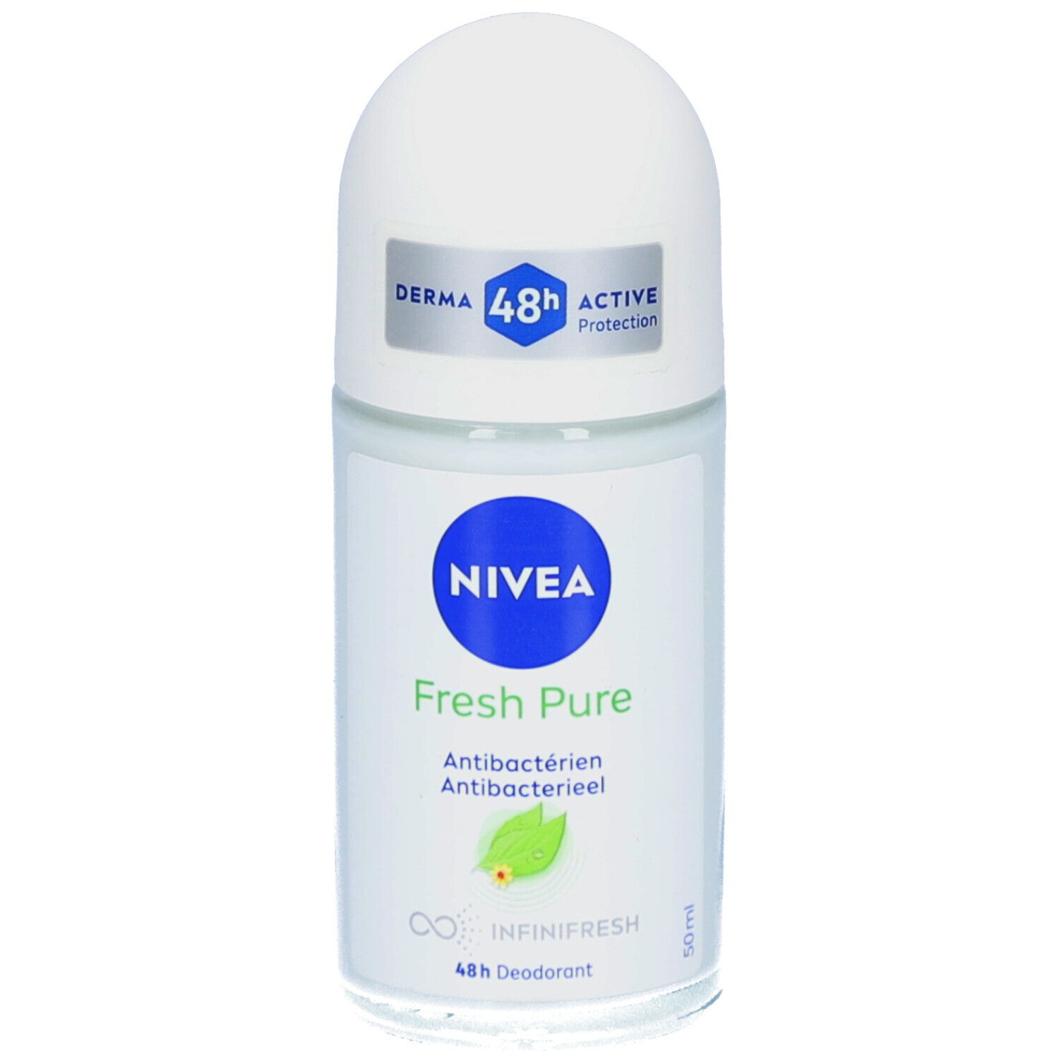 Roll-on NIVEA® Fresh Pure. Bouchon blanc, flacon transparent. Étiquette bleue avec texte et logo.