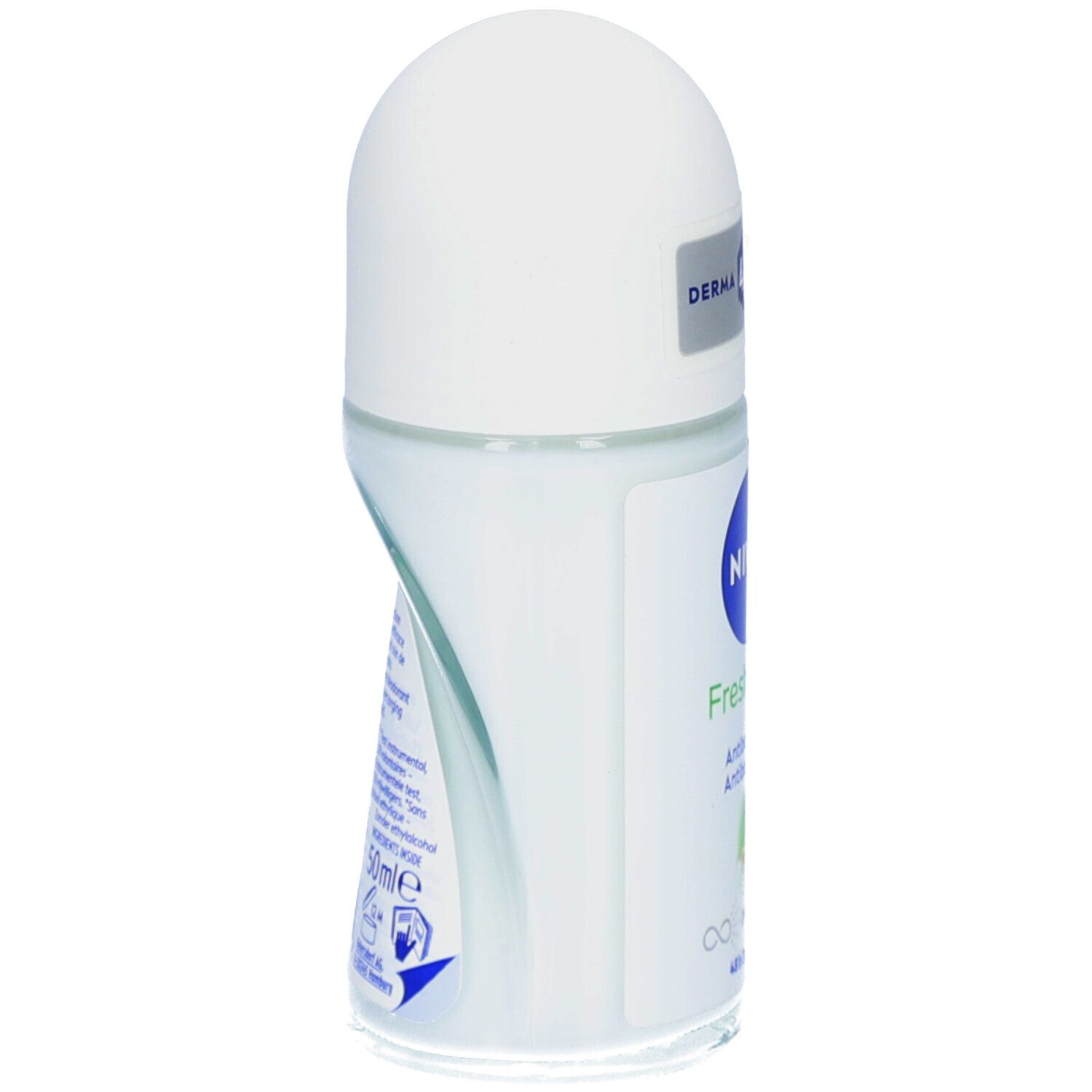 Roll-on NIVEA® Fresh Pure, vue latérale. Bouchon blanc, flacon transparent. Code-barres et texte.