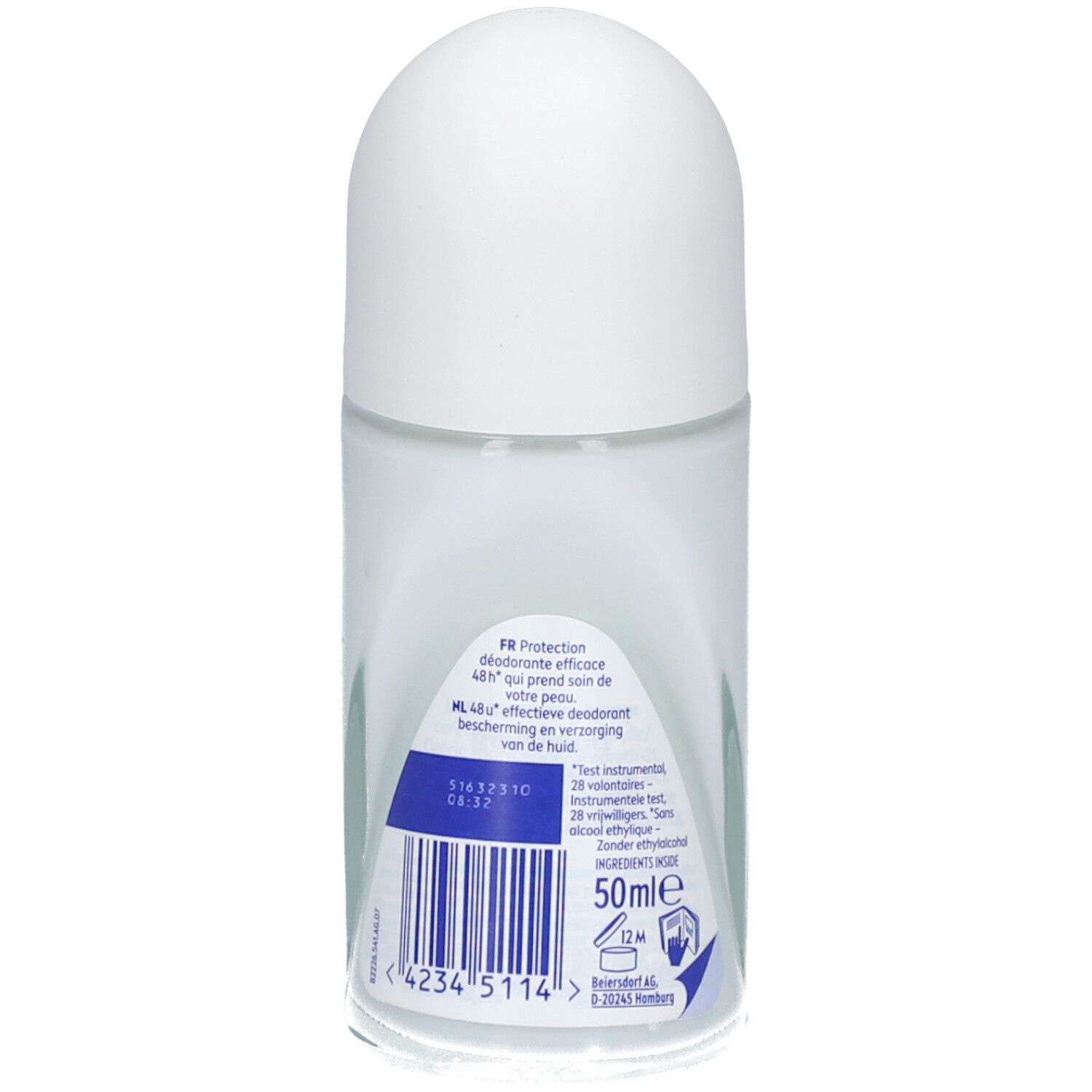 Roll-on NIVEA® Fresh Pure, vue arrière. Flacon transparent avec ingrédients et texte. 50ml.