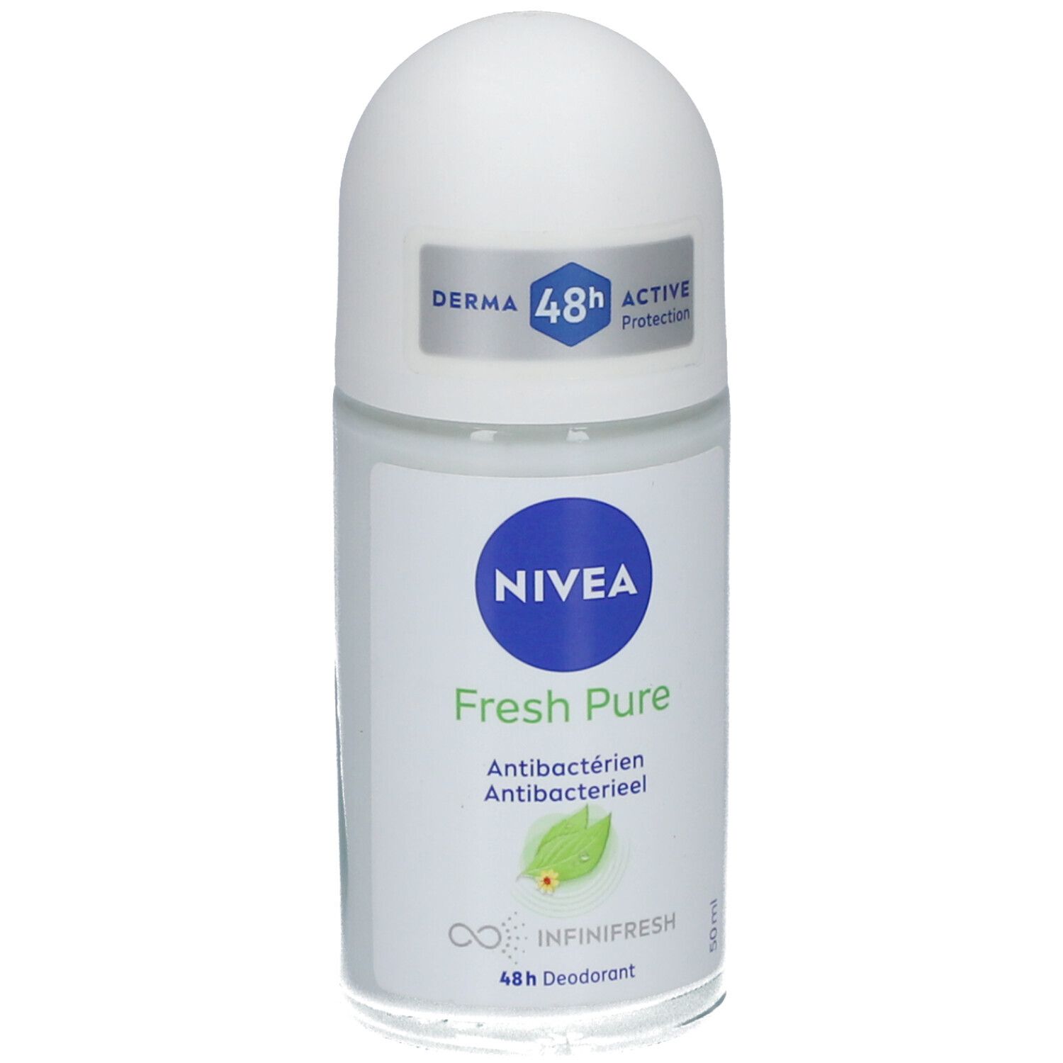 Roll-on NIVEA® Fresh Pure. Bouchon blanc, flacon transparent. Étiquette bleue avec texte et logo.