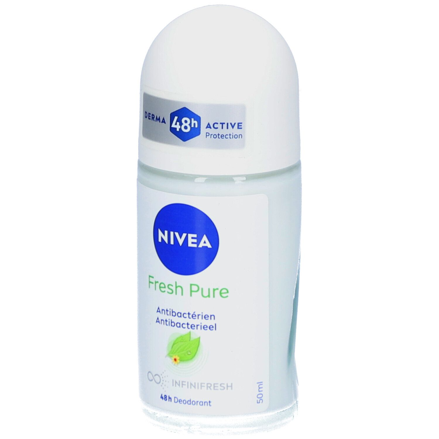 Roll-on NIVEA® Fresh Pure. Bouchon blanc, flacon transparent. Étiquette bleue avec texte et logo.