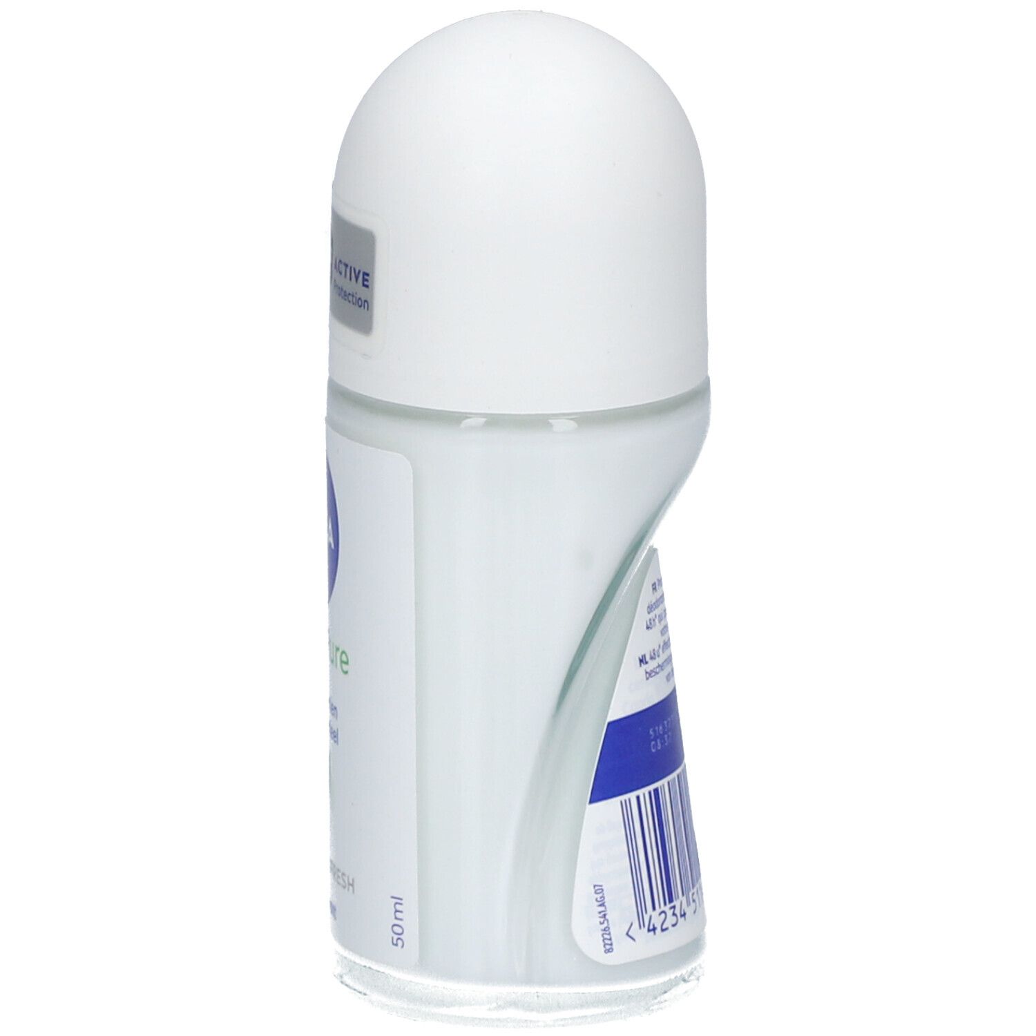 Roll-on NIVEA® Fresh Pure, vue latérale. Bouchon blanc, flacon transparent. Code-barres et texte.