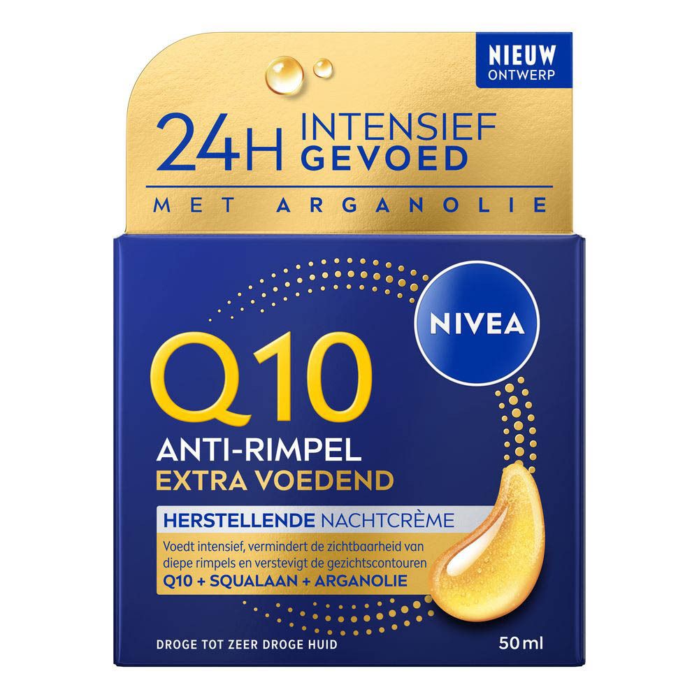 Arrière d'un pot de crème de nuit NIVEA Q10 avec informations produit et numéro de lot.