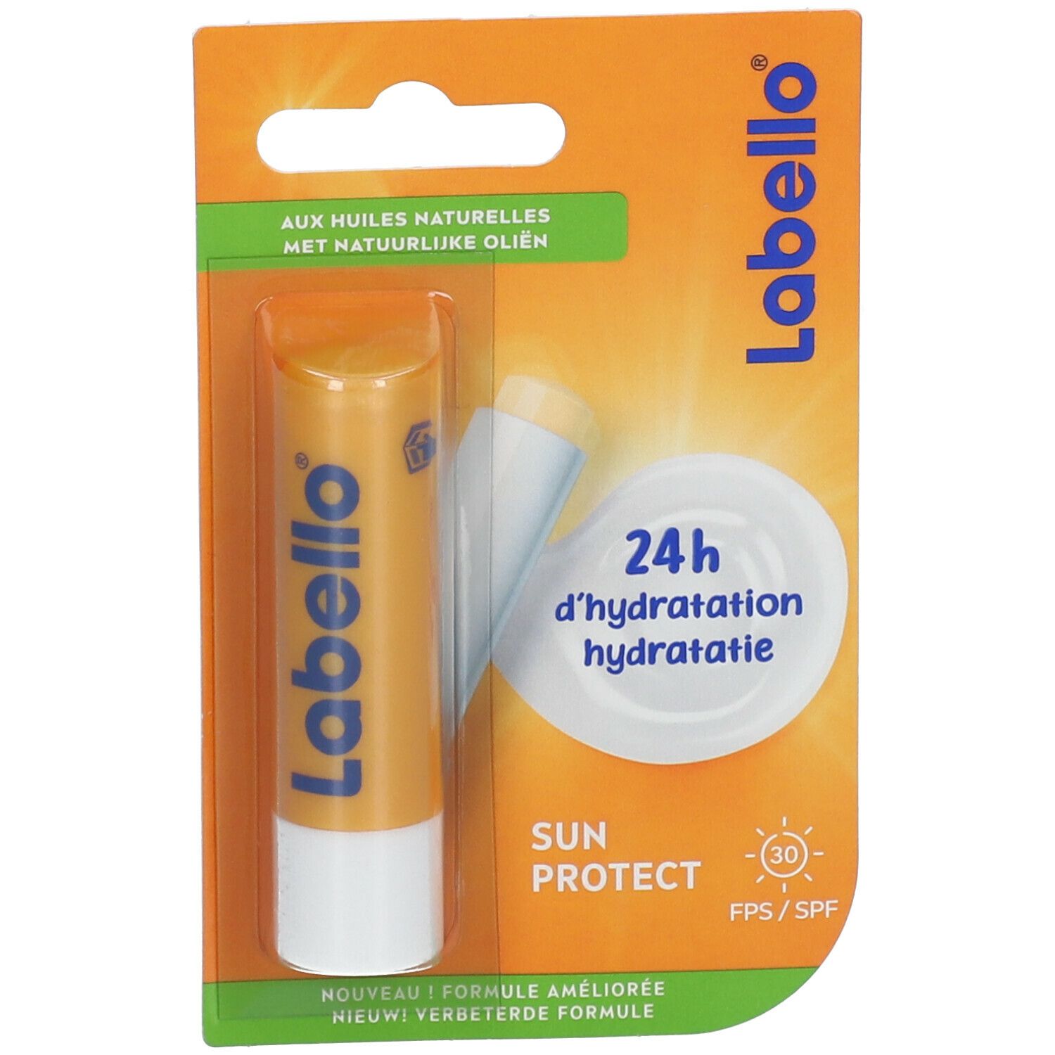 Stick de soin des lèvres Labello Sun Protect, emballage blister. Bâton orange avec extrémité blanche. FPS 30.