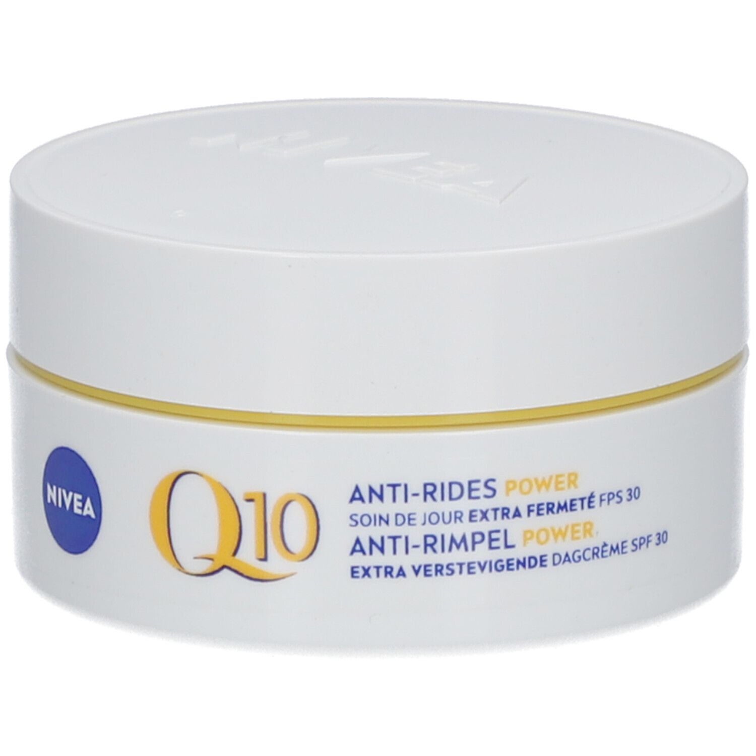 NIVEA Q10 Power Anti-Falten Tagescreme SPF30 in weißem Tiegel mit gelbem Ring.