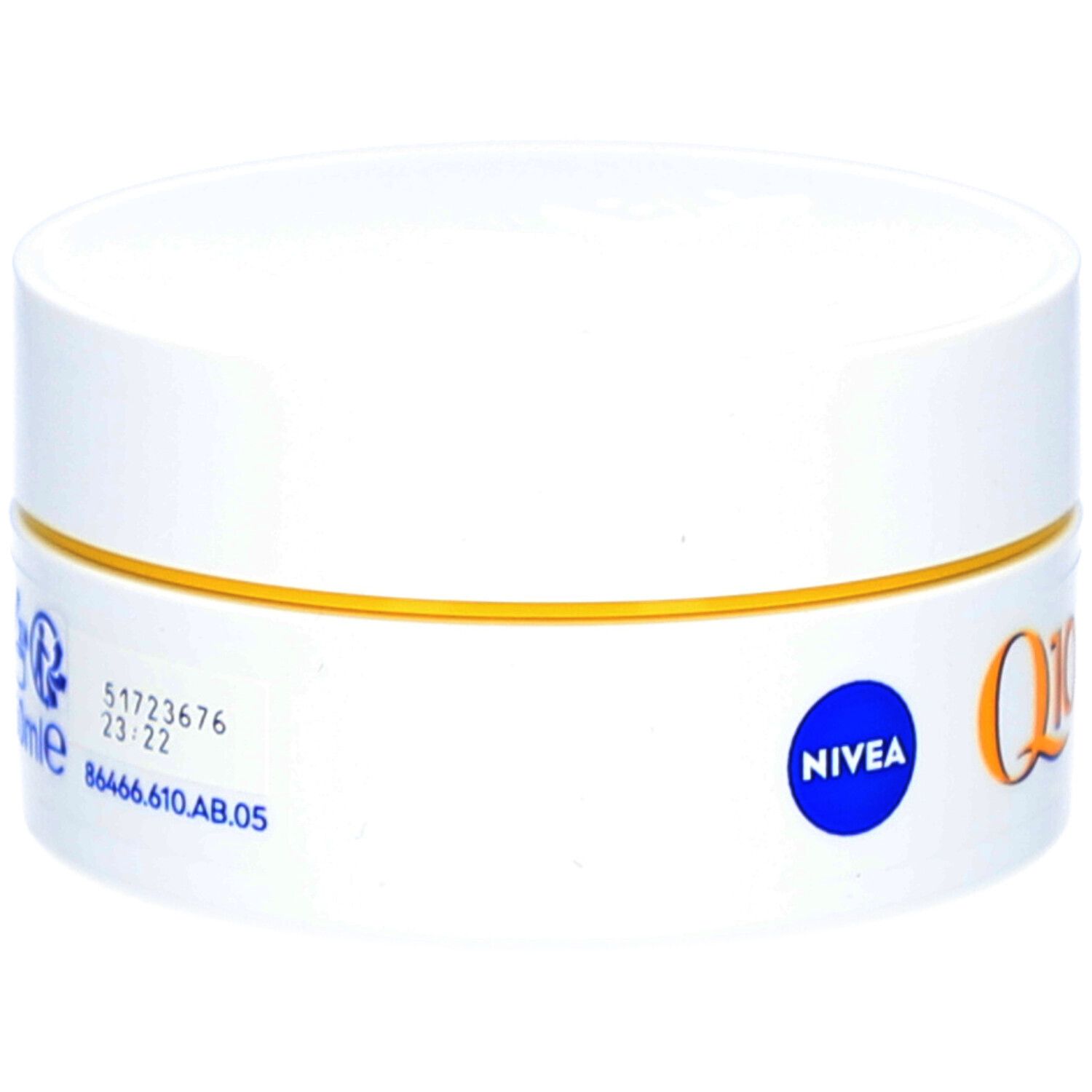 Rückseite eines weißen Tiegels NIVEA Q10 Power Tagescreme mit Produktinformationen und Chargennummer.
