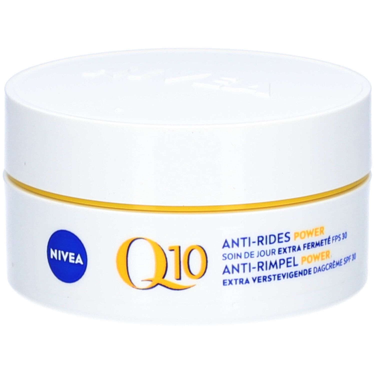 Vorderansicht des weißen Tiegels NIVEA Q10 Power Anti-Falten Tagescreme SPF30.