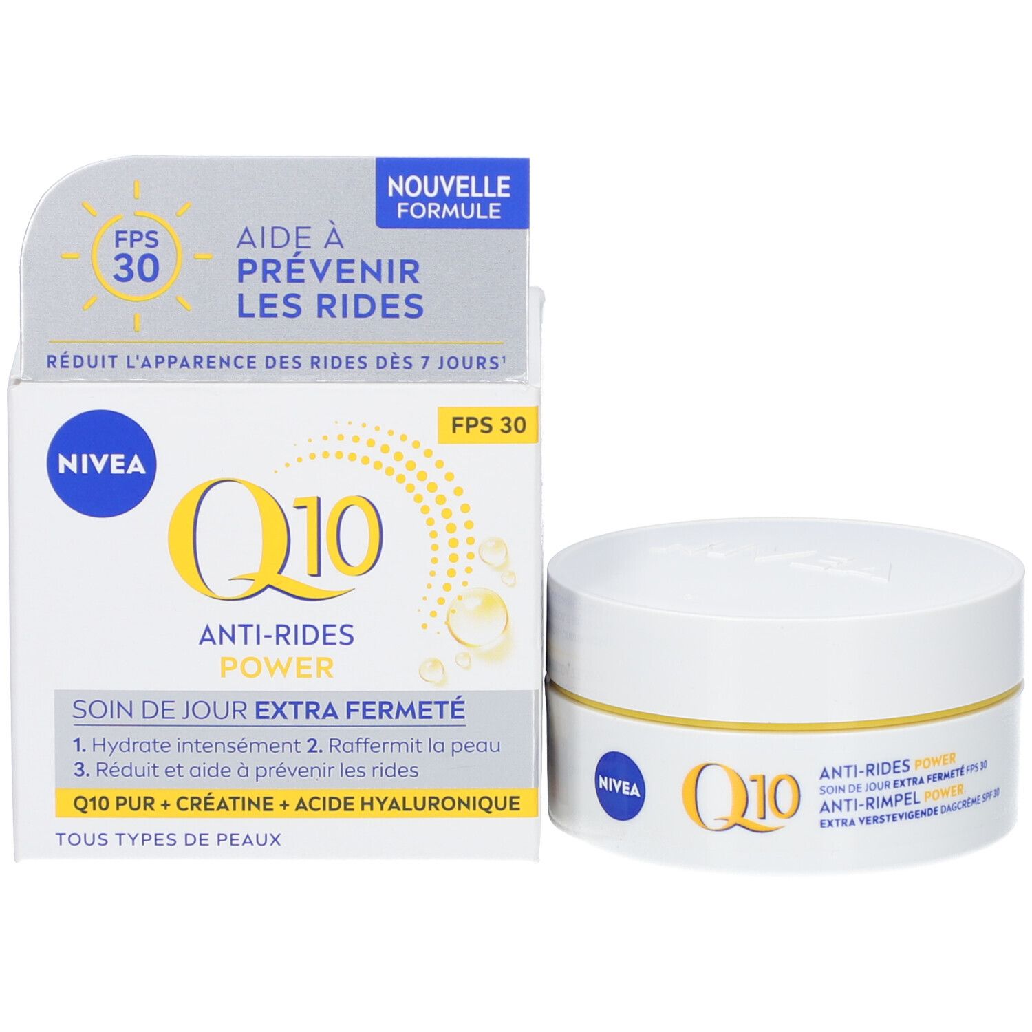 NIVEA Q10 Power Anti-Falten Tagescreme SPF30 mit geöffnetem Karton.