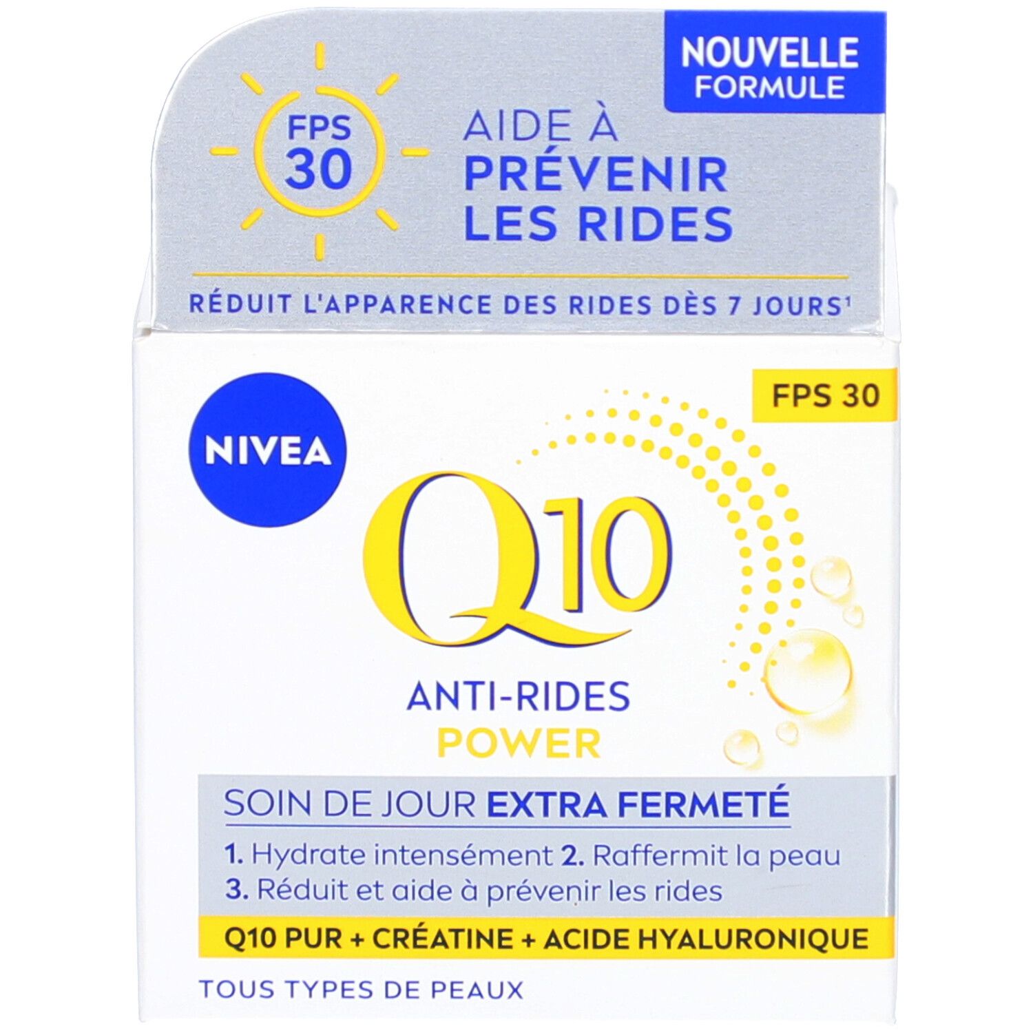 Karton und Tiegel der NIVEA Q10 Power Anti-Falten Tagescreme SPF30.