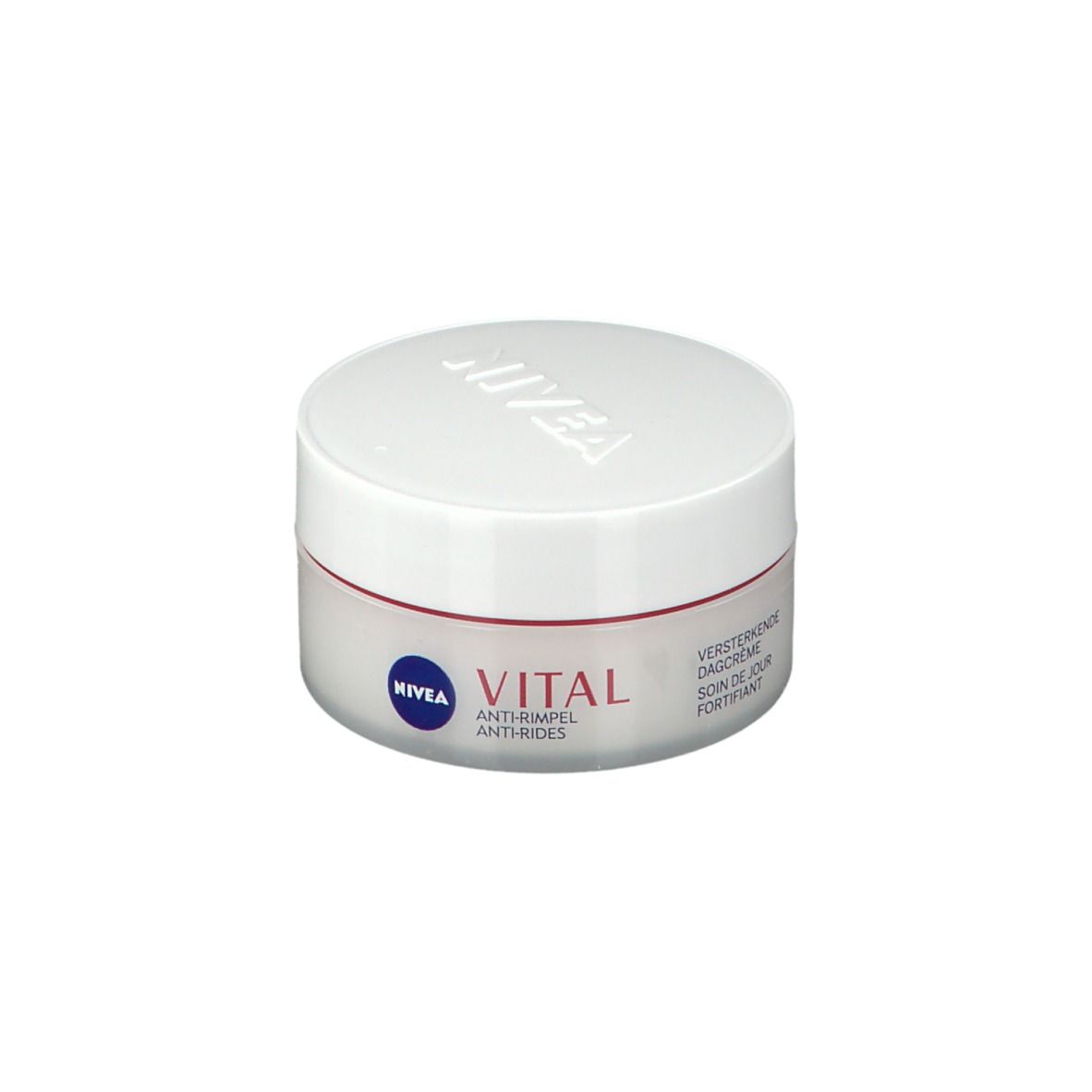 Creme-Dose mit weißem Deckel und rotem Streifen. Aufschrift: NIVEA, VITAL, Anti-Falten, Tagescreme.