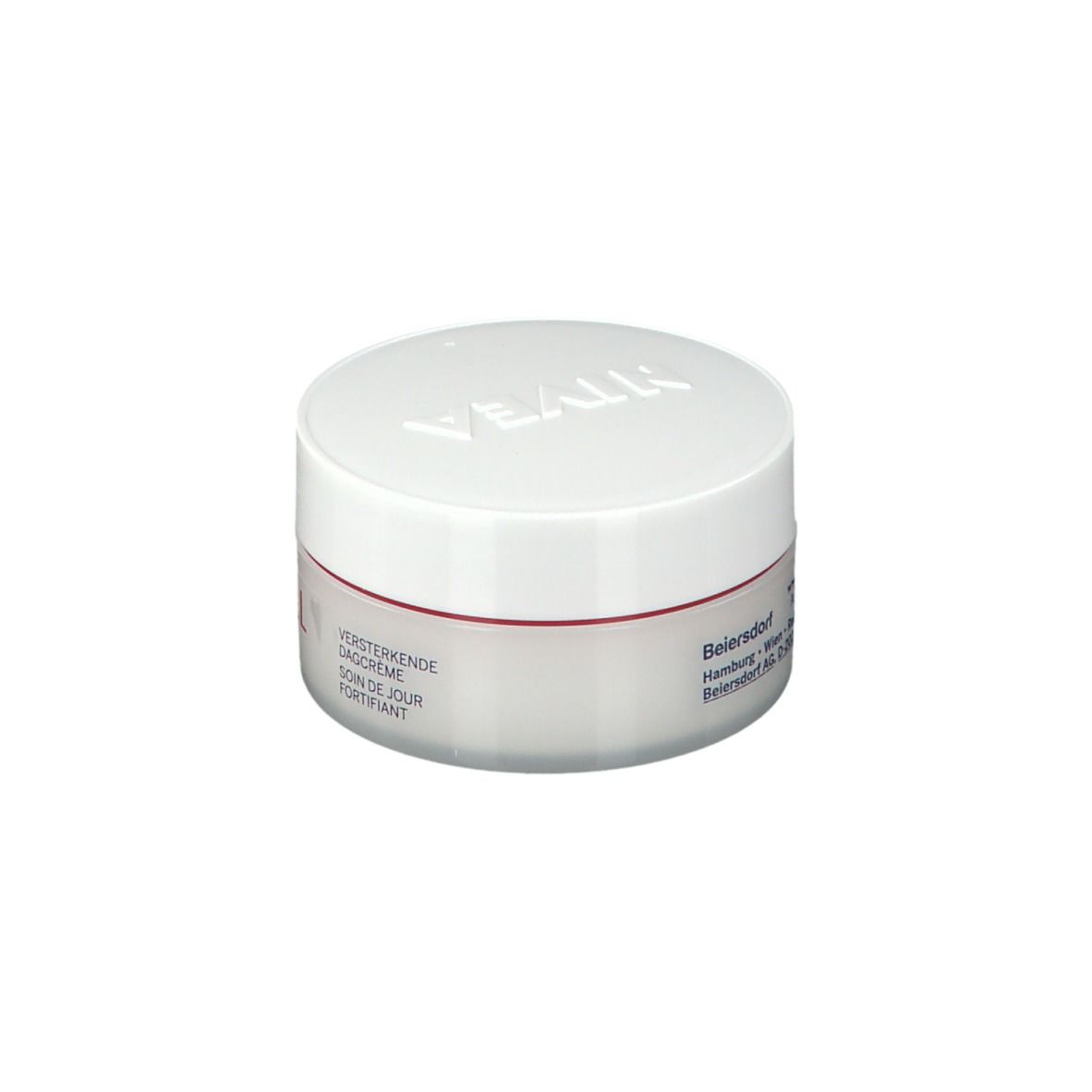 Creme-Dose mit weißem Deckel und rotem Streifen. Aufschrift: NIVEA, VITAL, Anti-Falten, Tagescreme.