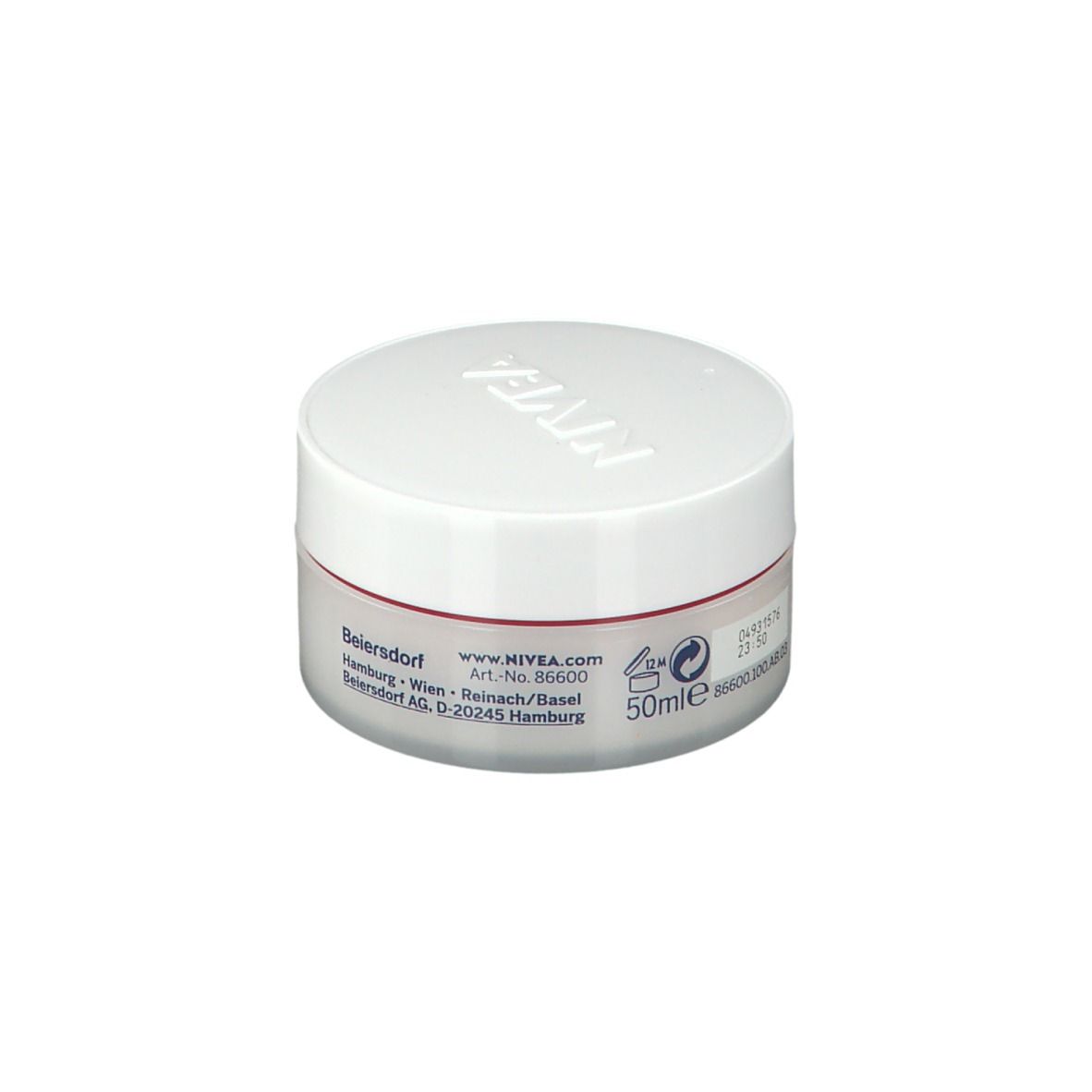 Creme-Dose mit weißem Deckel und rotem Streifen. Aufschrift: NIVEA, VITAL, Anti-Falten, Tagescreme.