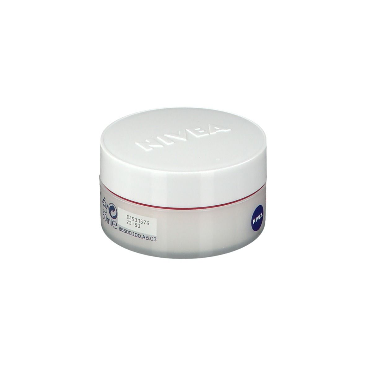 Creme-Dose mit weißem Deckel und rotem Streifen. Aufschrift: NIVEA, VITAL, Anti-Falten, Tagescreme.