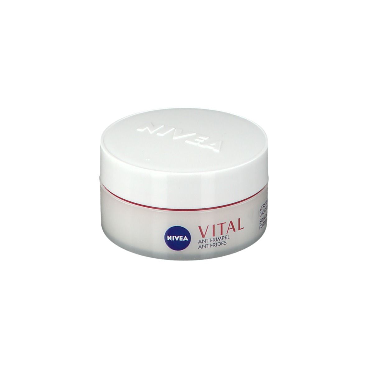 Creme-Dose mit weißem Deckel und rotem Streifen. Aufschrift: NIVEA, VITAL, Anti-Falten, Tagescreme.