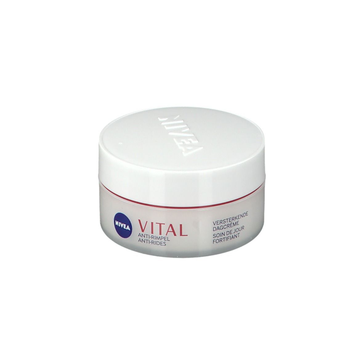 Creme-Dose mit weißem Deckel und rotem Streifen. Aufschrift: NIVEA, VITAL, Anti-Falten, Tagescreme.