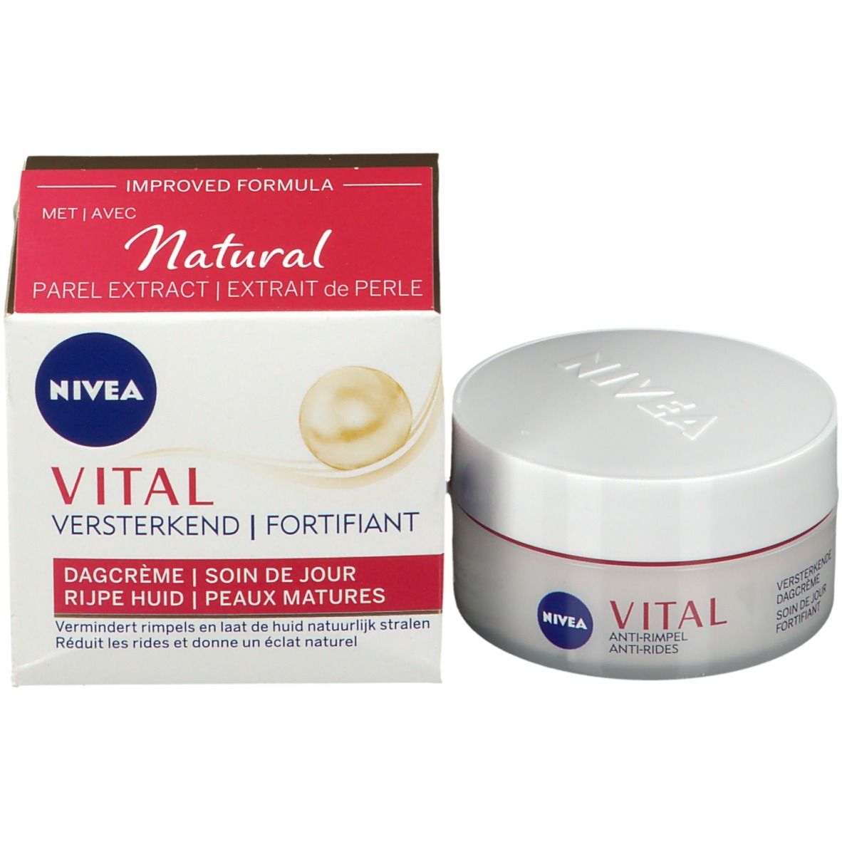 Creme-Dose und Verpackung. Dose: weißer Deckel, roter Streifen. Verpackung: rot-weiß, Aufschrift: NIVEA VITAL.