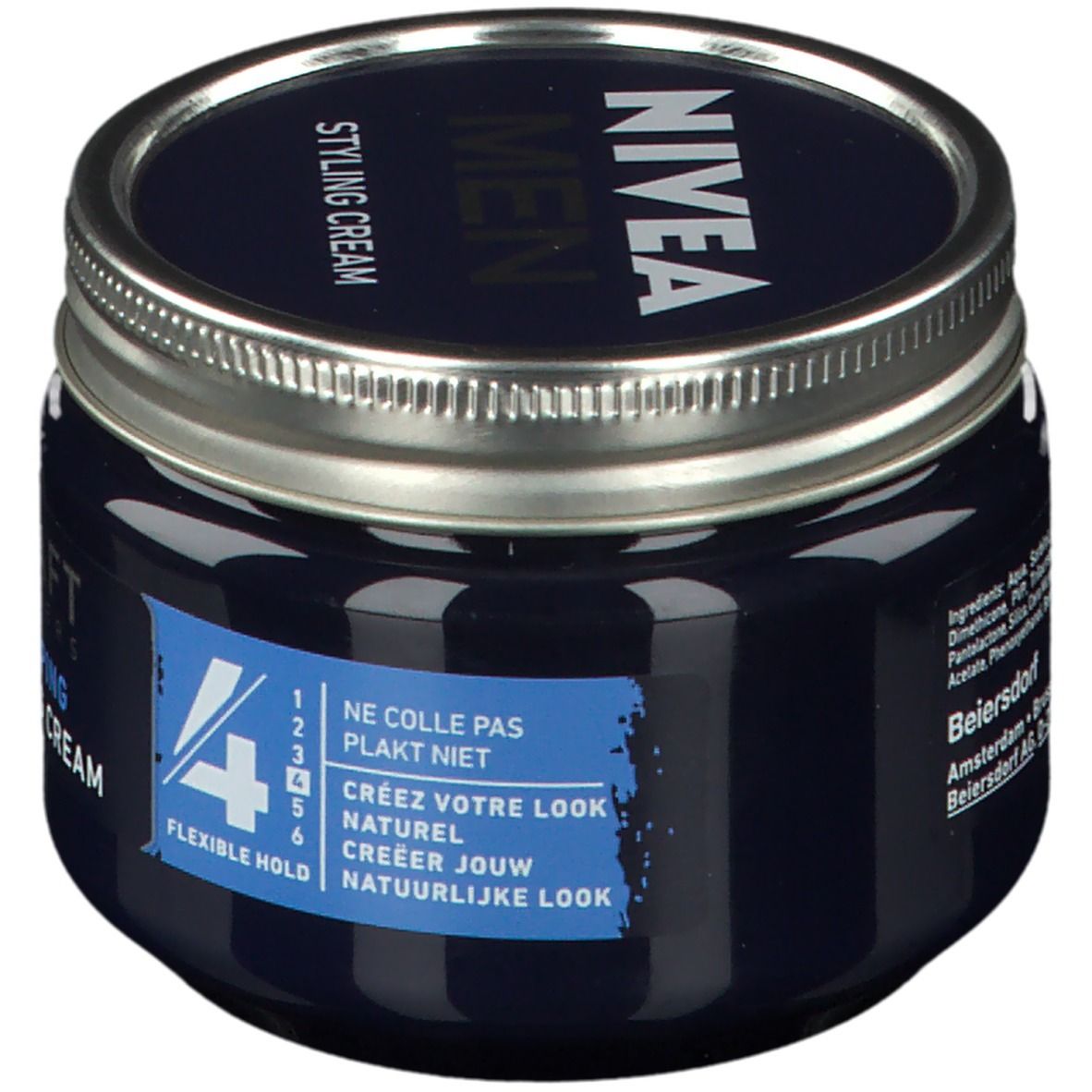Dunkelblaue Dose mit silbernem Deckel. Aufschrift: NIVEA MEN, Styling Cream. Auf der Dose: 4, Flexible Hold. Text in Französisch und Niederländisch.