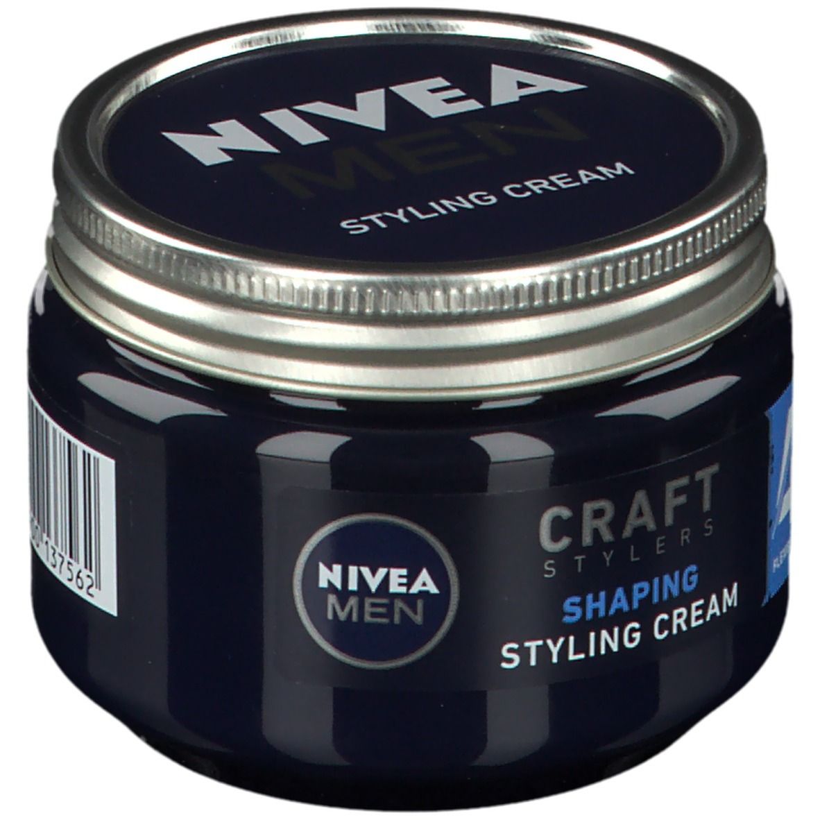Dunkelblaue Dose mit silbernem Deckel. Aufschrift: NIVEA MEN, Styling Cream. Auf der Dose: CRAFT STYLERS, Shaping Styling Cream. Barcode.