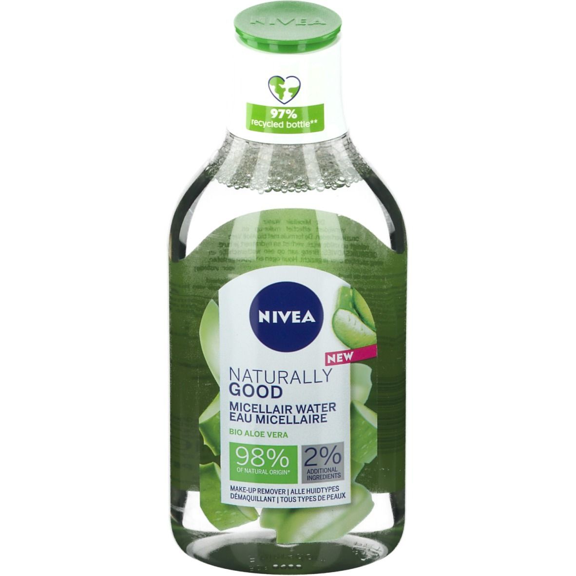 Klare Flasche mit grünem Deckel. Etikett mit NIVEA-Logo, Produktname und Aloe Vera-Illustrationen. 97% recycelte Flasche.