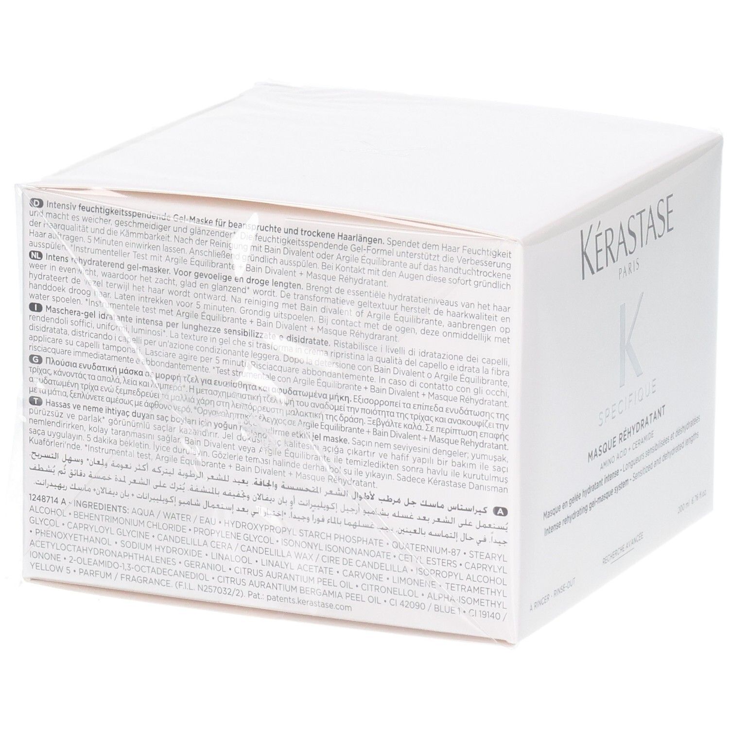 Rückseite der Kérastase Masque Réhydratant Verpackung mit detaillierten Anwendungshinweisen und Inhaltsstoffen.