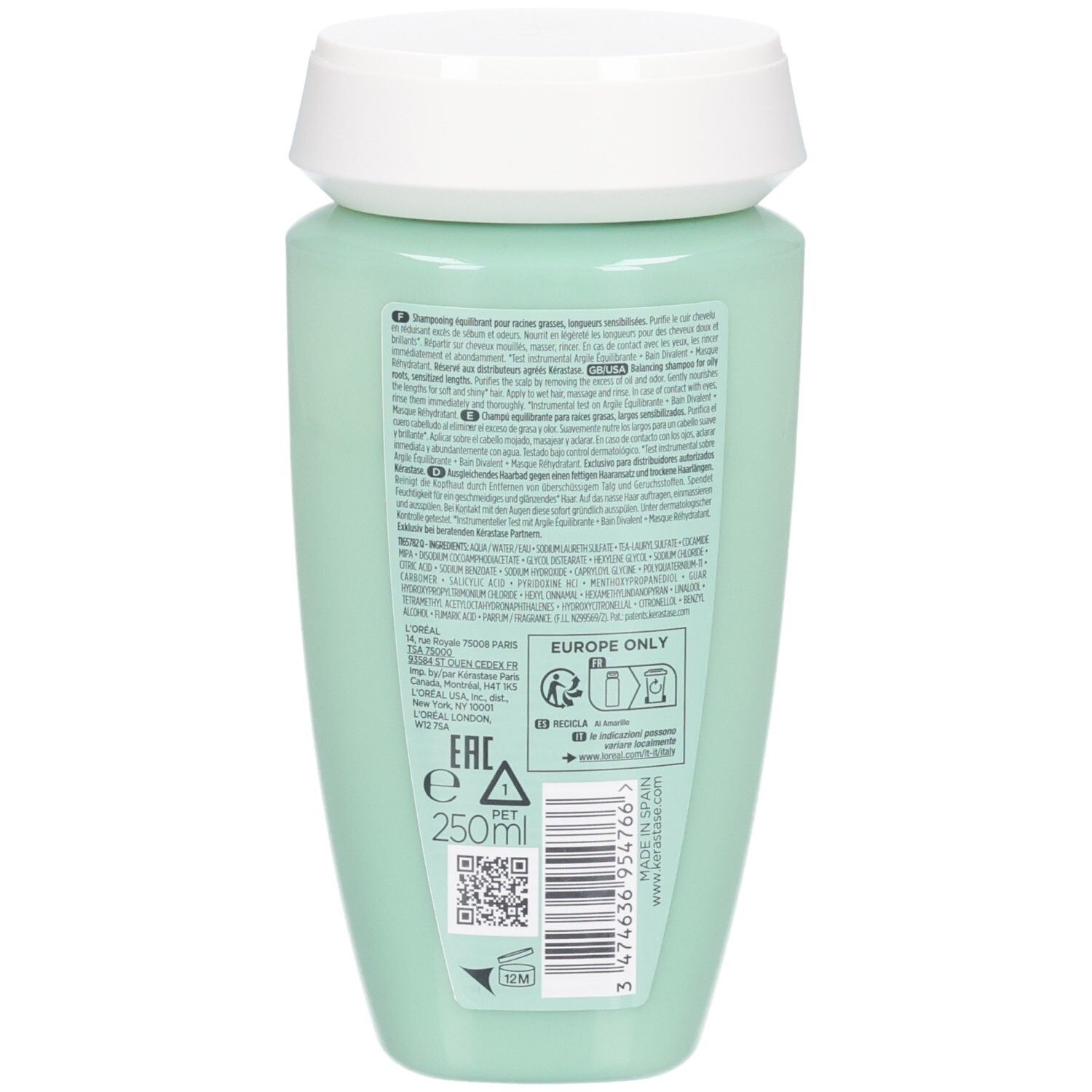 Shampooing Kérastase Bain Divalent, arrière avec étiquette et code-barres, 250ml.