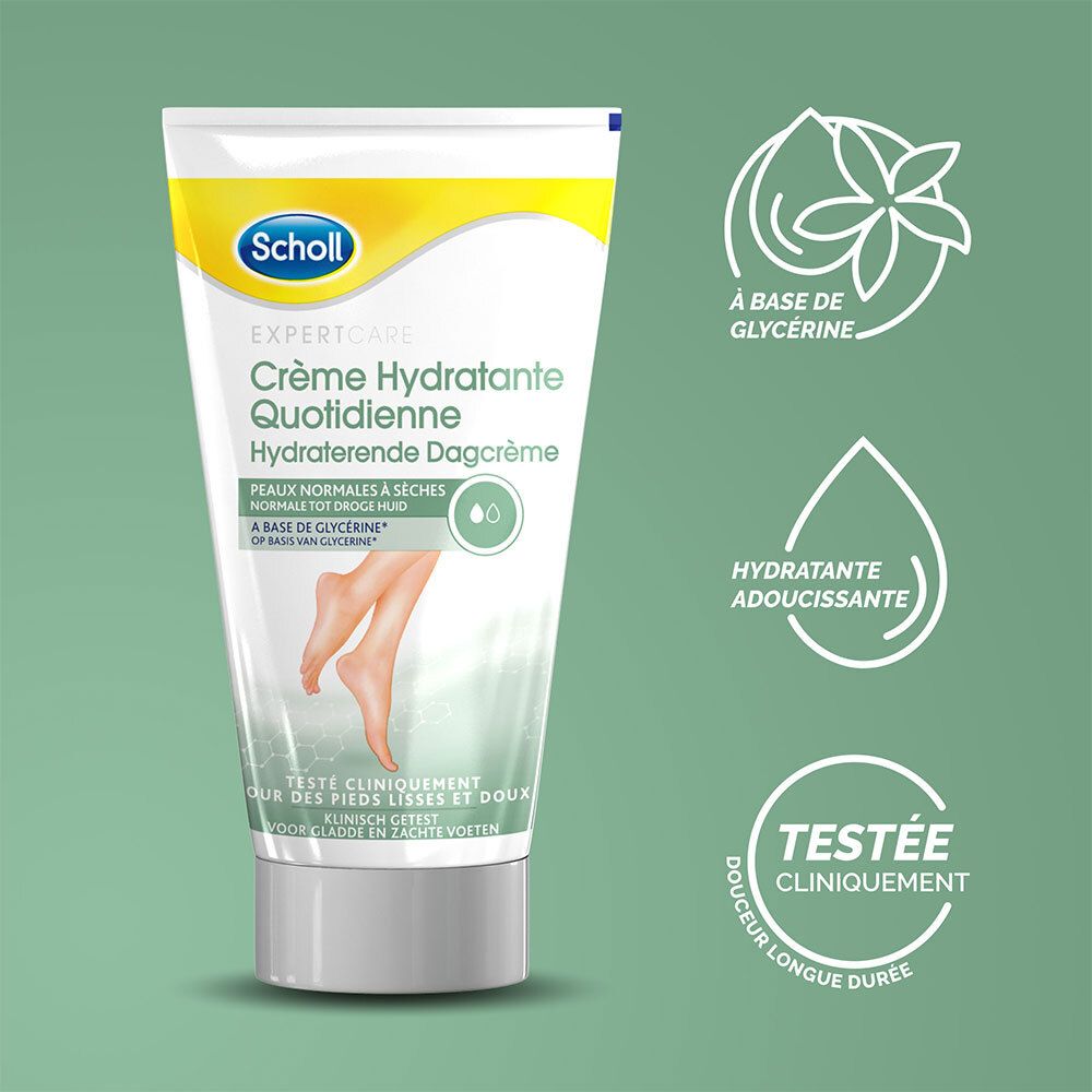 Tube de crème hydratante Scholl ExpertCare. Inscription "Crème Hydratante Quotidienne". Icônes et texte. Pour peaux normales à sèches.