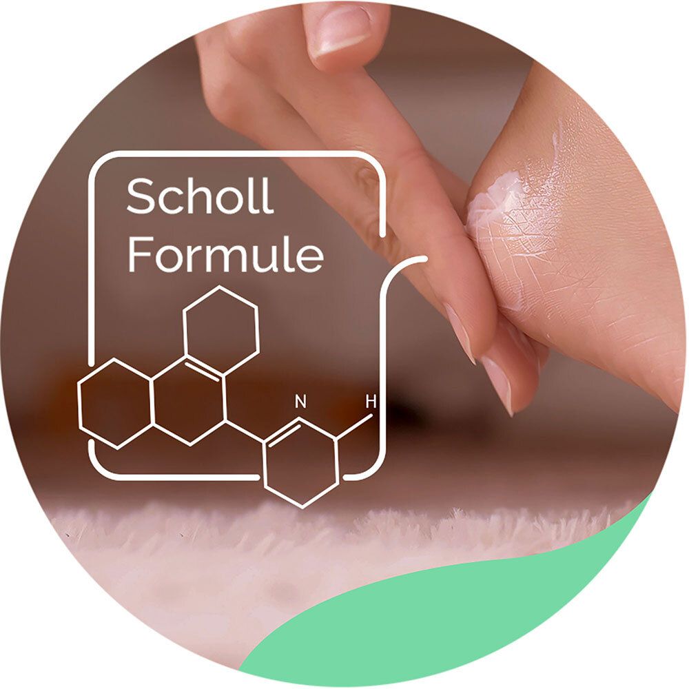 Gros plan d'une main appliquant de la crème sur un pied. Logo Scholl Formule. Formule chimique.