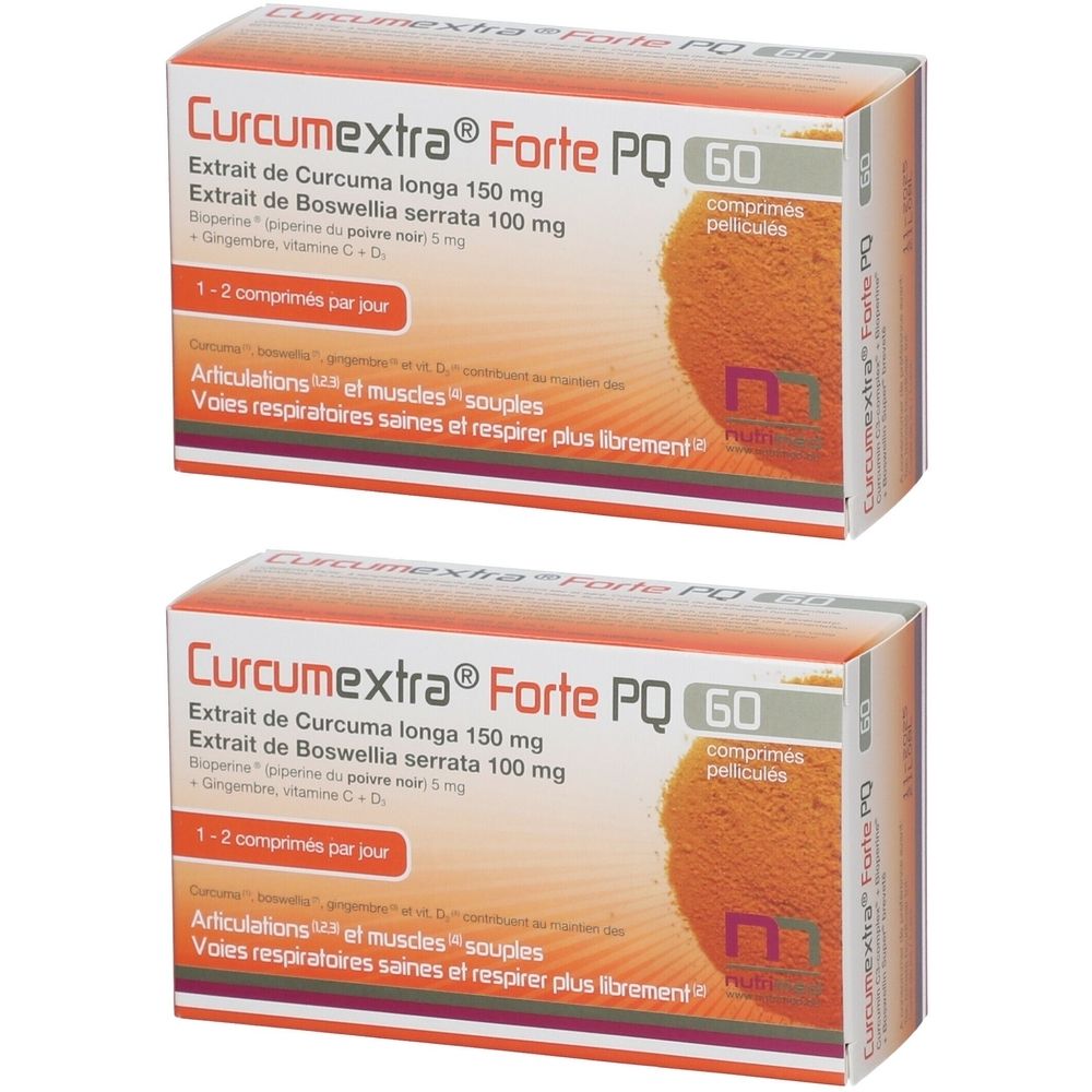 Deux boîtes de Curcumextra Forte PQ, 60 comprimés. Inscriptions: Curcuma longa, Boswellia serrata, gingembre, vitamine C+D.