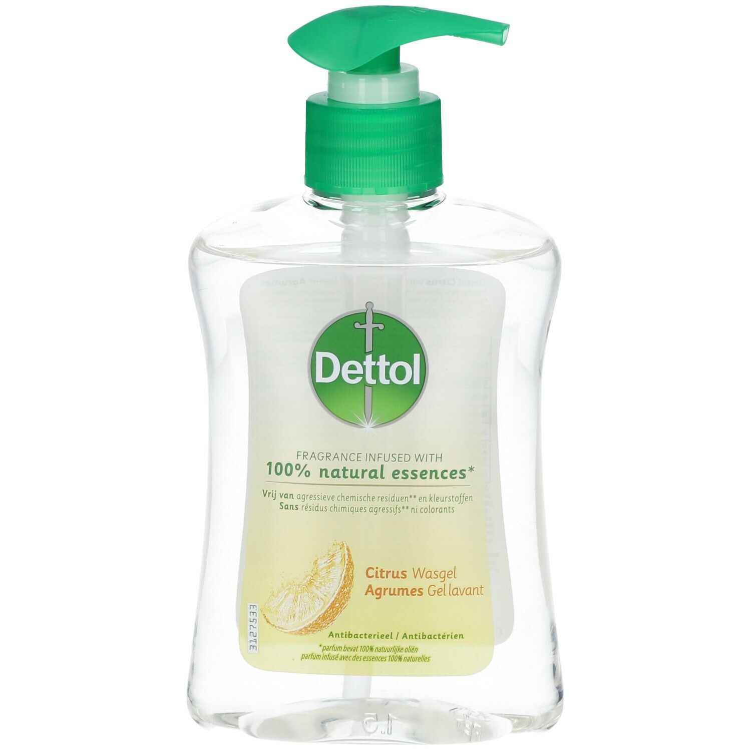 Flacon transparent avec pompe verte. Étiquette avec logo Dettol, nom du produit et illustration d'agrumes.