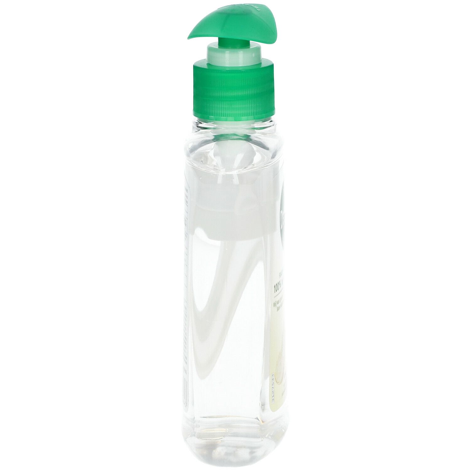 Flacon transparent avec pompe verte. Vue latérale, montrant la forme et le mécanisme de la pompe.
