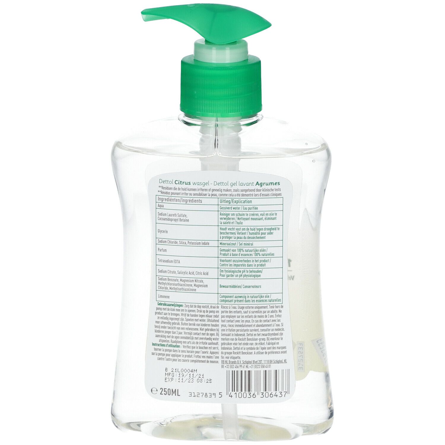 Dos du flacon transparent. Étiquette avec informations sur le produit, ingrédients et numéro de lot.