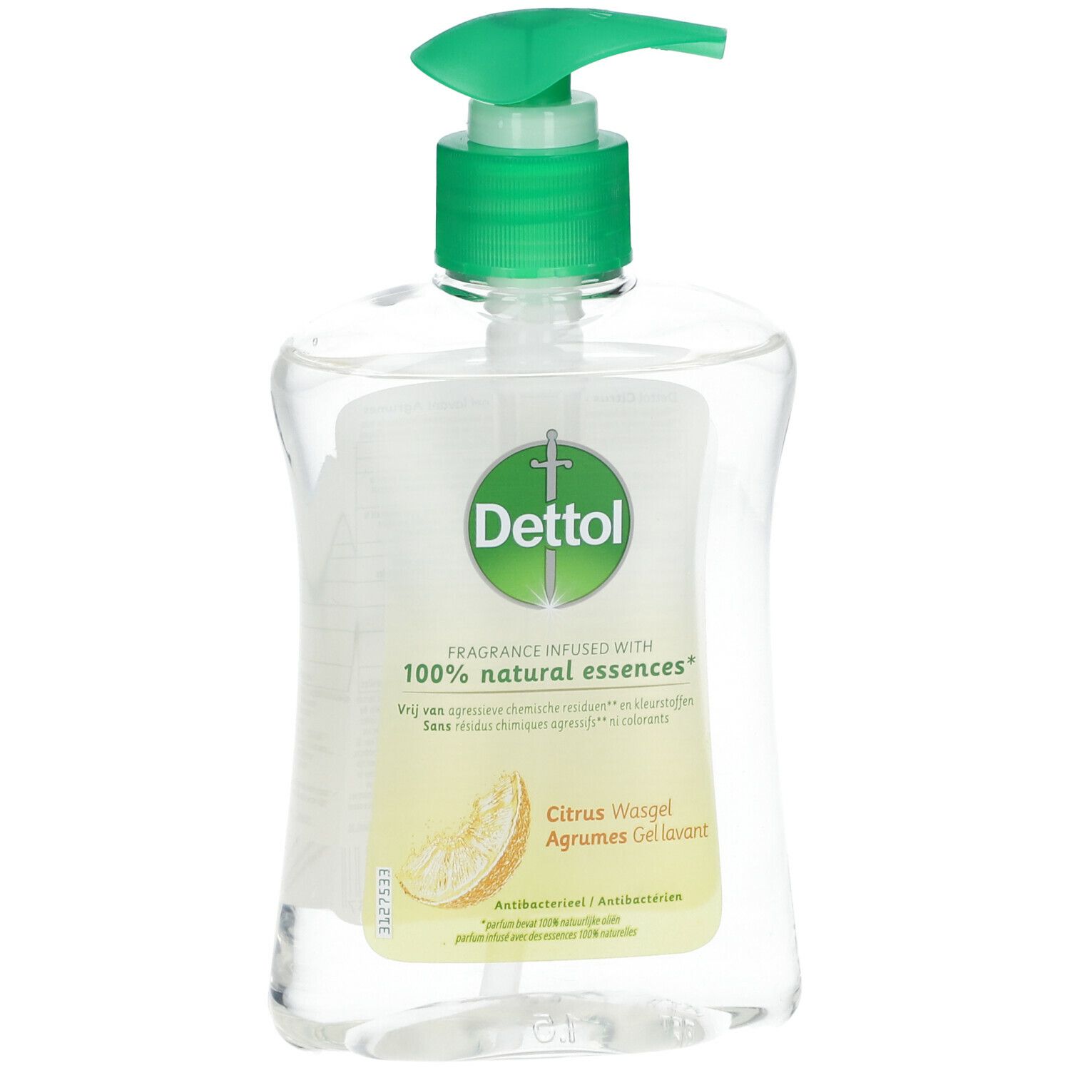 Flacon transparent avec pompe verte. Étiquette avec logo Dettol, nom du produit et illustration d'agrumes.