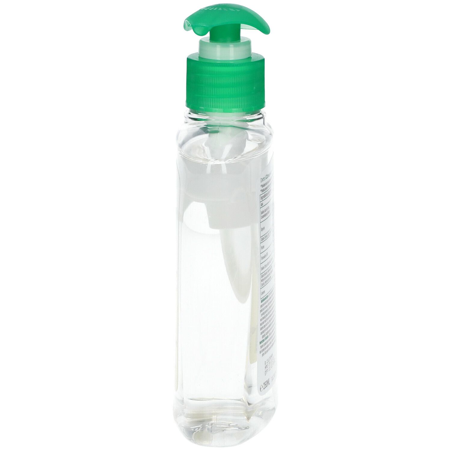 Flacon transparent avec pompe verte. Vue latérale, montrant la forme et le mécanisme de la pompe.