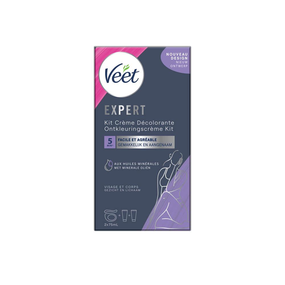 Veet Expert Kit, visage et corps. Emballage avec image et texte du produit. Contient crème et accessoires. Violet, blanc et rose.