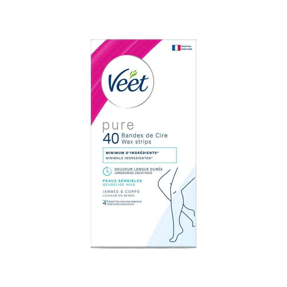 Veet Pure Packung. 40 Wax Strips. Minimale Inhaltsstoffe. Für Körper & Beine. Hypoallergen.