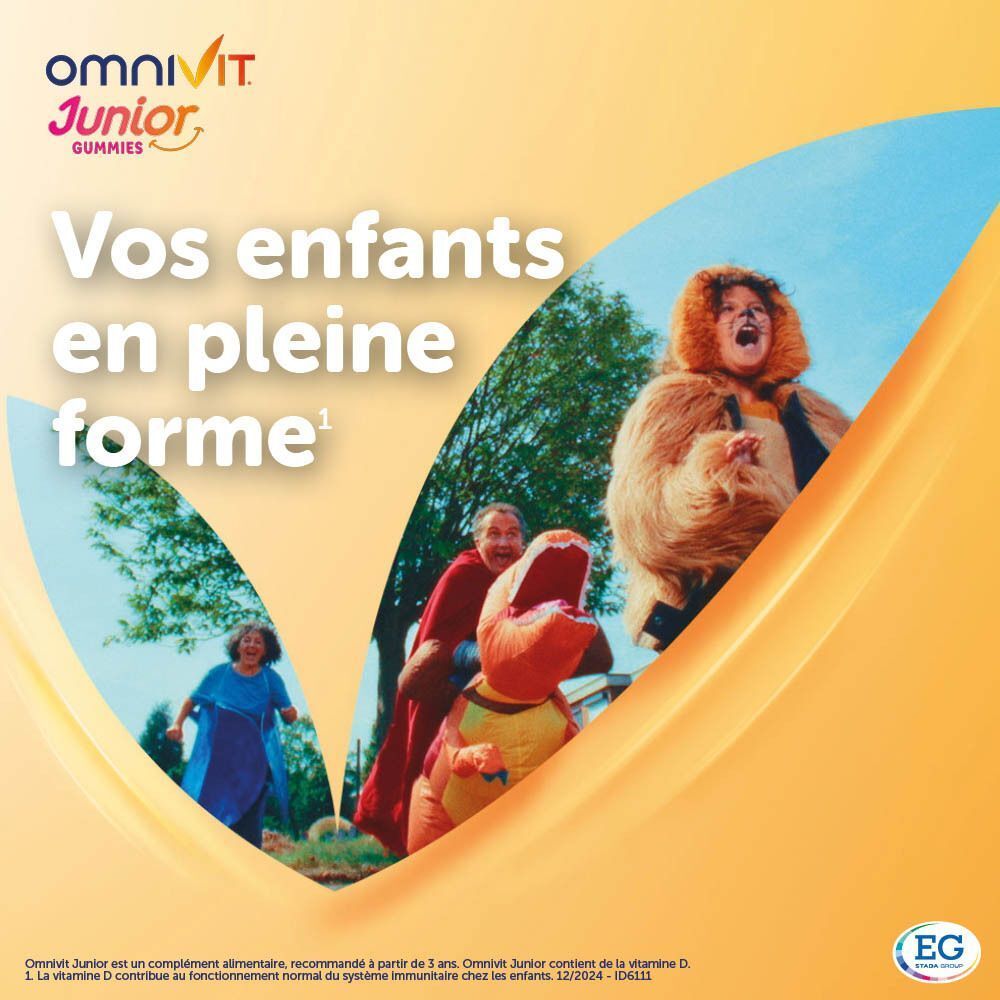 Un tableau avec les informations sur les vitamines et minéraux pour Omnivit Junior Gummies. Inscription: Omnivit Junior Gummies, 10 vitamines, 2 minéraux.