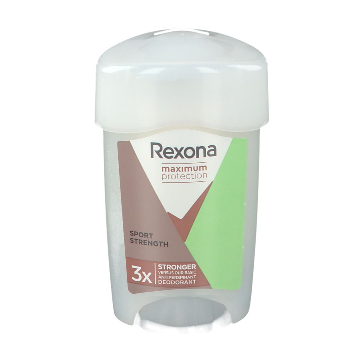 Déodorant Rexona Maximum Protection Sport Strength. Récipient blanc avec couvercle. Logo et nom du produit. Accents verts et bruns.
