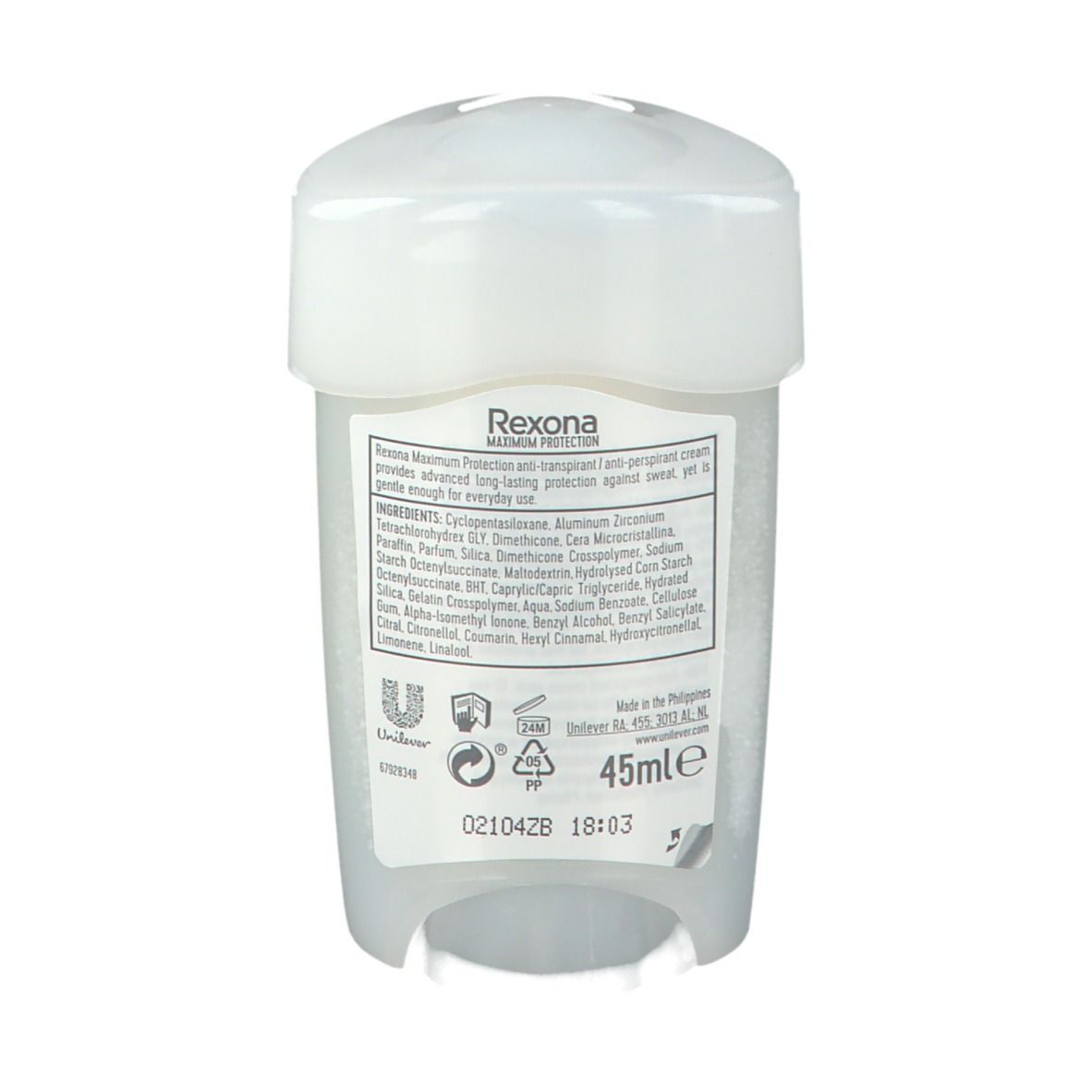 Dos du déodorant Rexona Maximum Protection. Contient les ingrédients et les informations du fabricant. Récipient blanc avec couvercle.