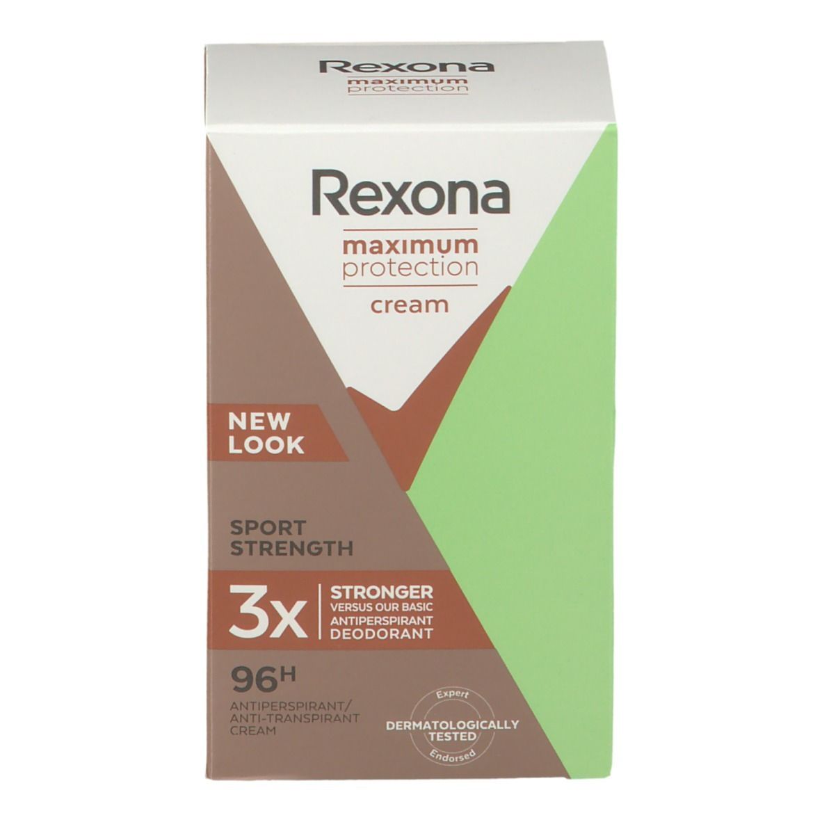 Emballage de la crème Rexona Maximum Protection. Blanc, marron et vert. Nom du produit et logo. '3x plus fort' et 'Testé dermatologiquement'.