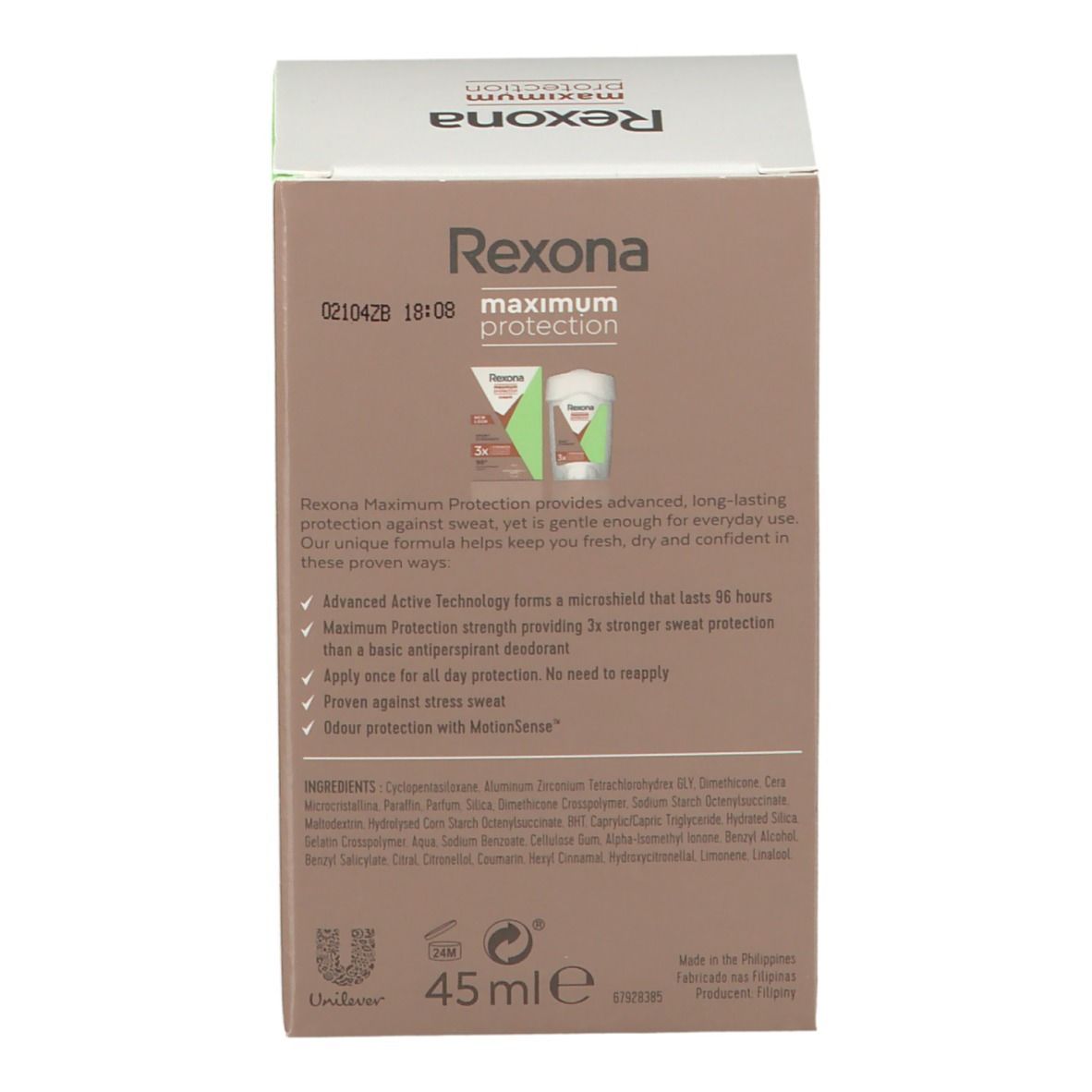 Dos de l'emballage de la crème Rexona Maximum Protection. Contient des informations sur le produit et des ingrédients. Fond marron.