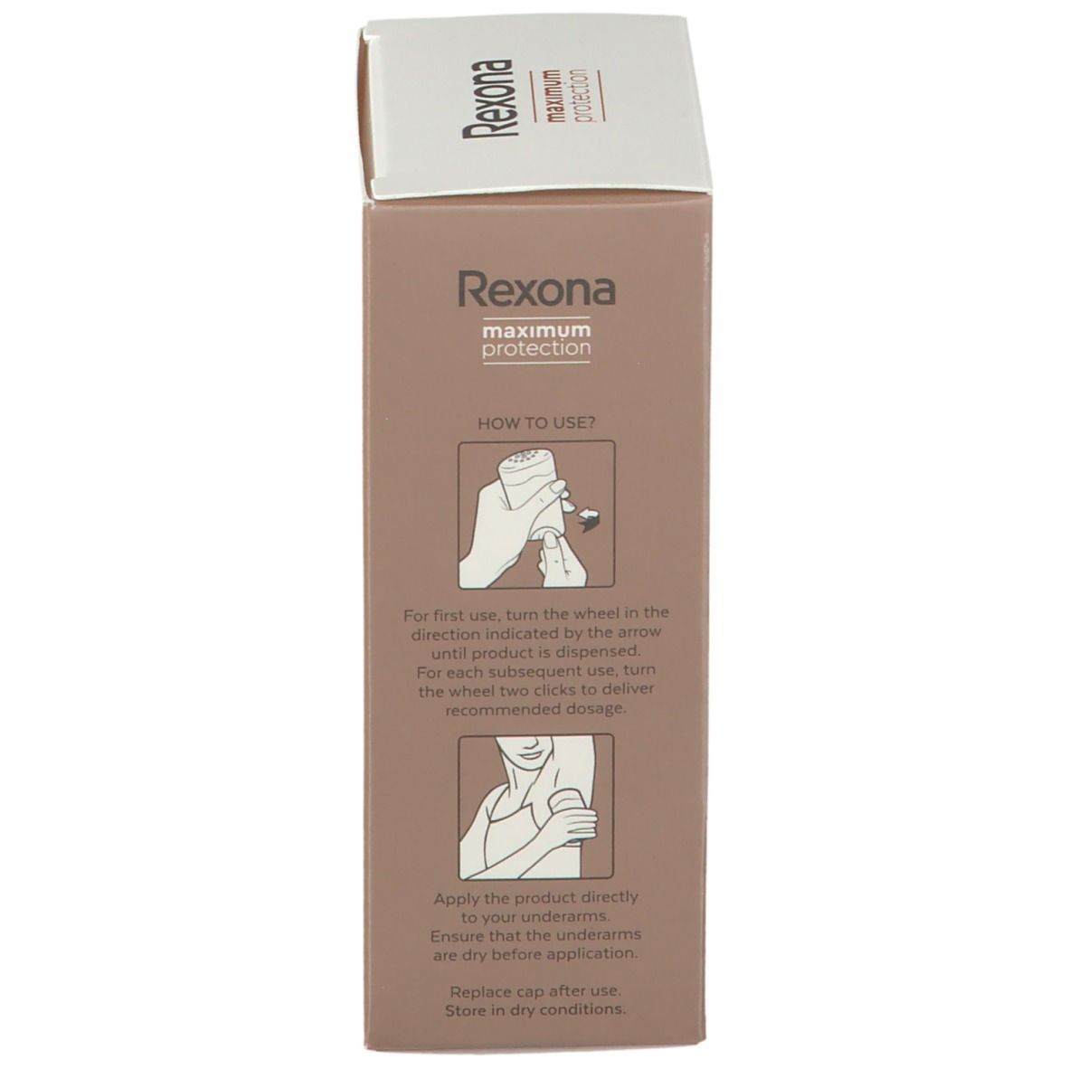 Côté de l'emballage de la crème Rexona Maximum Protection. Instructions d'utilisation avec illustrations. Fond marron. Logo en haut.