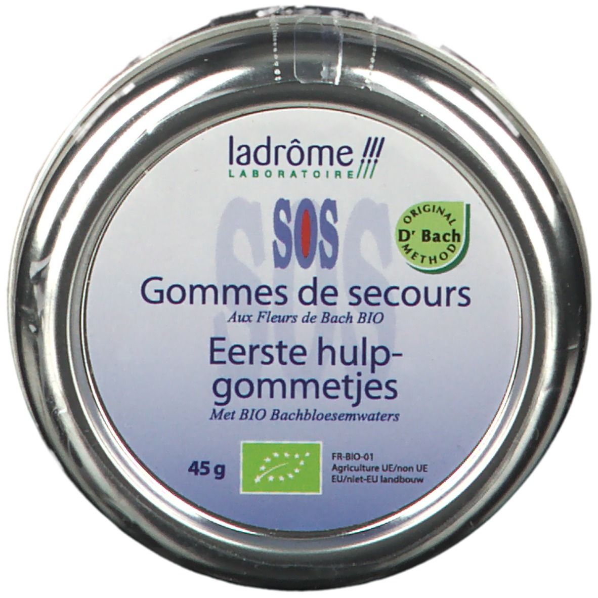 Boîte ronde 'ladrôme SOS Gommes de secours'. Ingrédients bio, 45g. Texte en français et néerlandais.