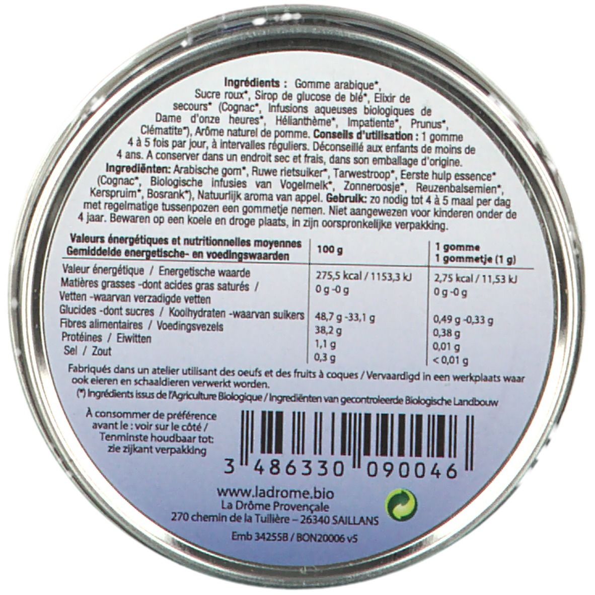 Dos de la boîte avec informations nutritionnelles et liste des ingrédients. Texte en français et néerlandais.