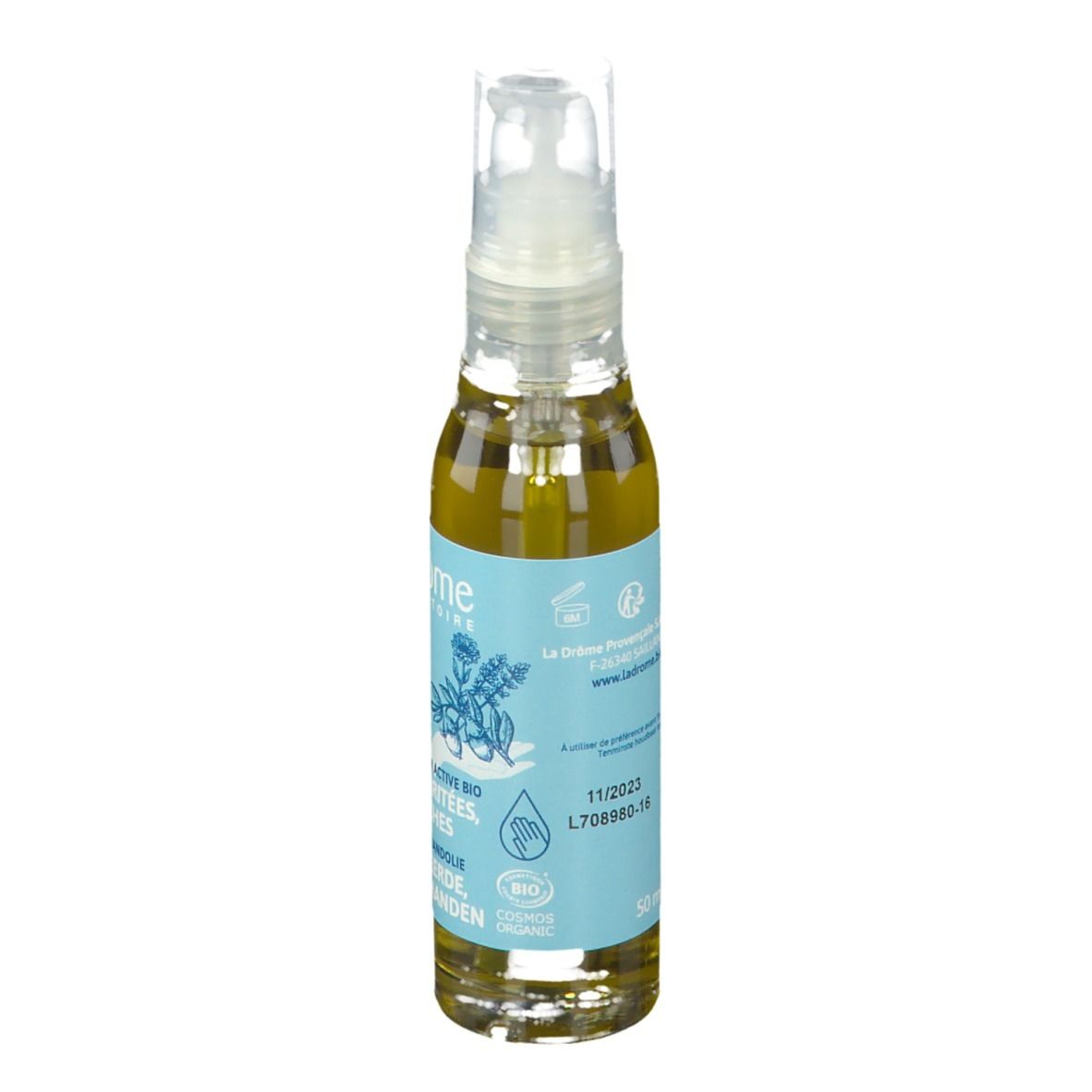 Klarflüssiges Öl in einer Flasche mit Pumpverschluss. Hellblaues Etikett mit Text und Logo. Bio-Zertifizierung.