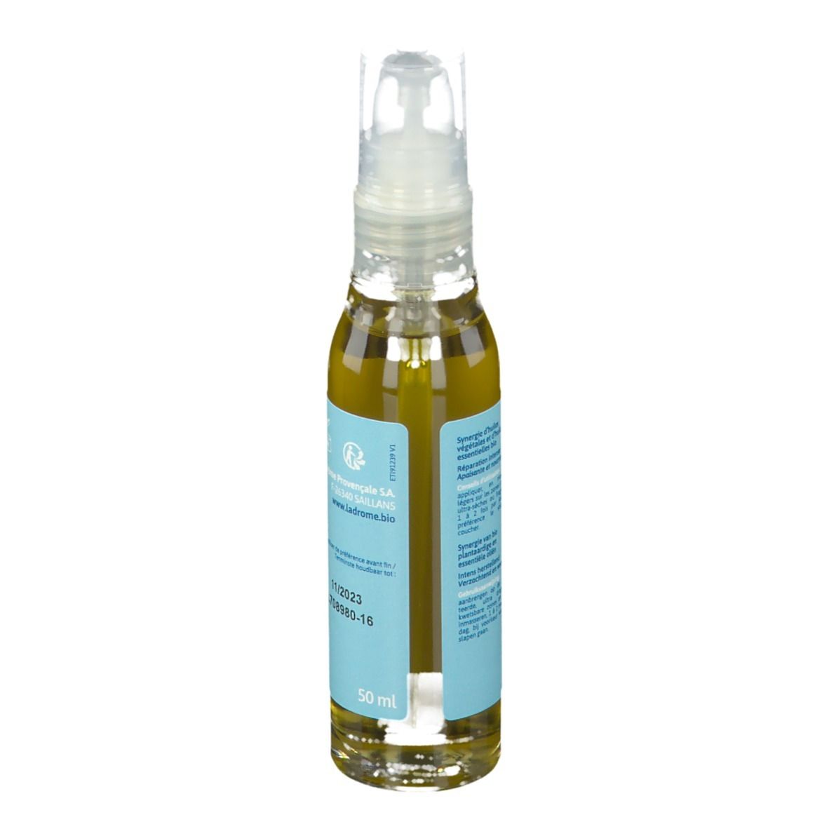 Rückseite der Ölflasche mit hellblauem Etikett. Text und Logo. Bio-Zertifizierung. Haltbarkeitsdatum.