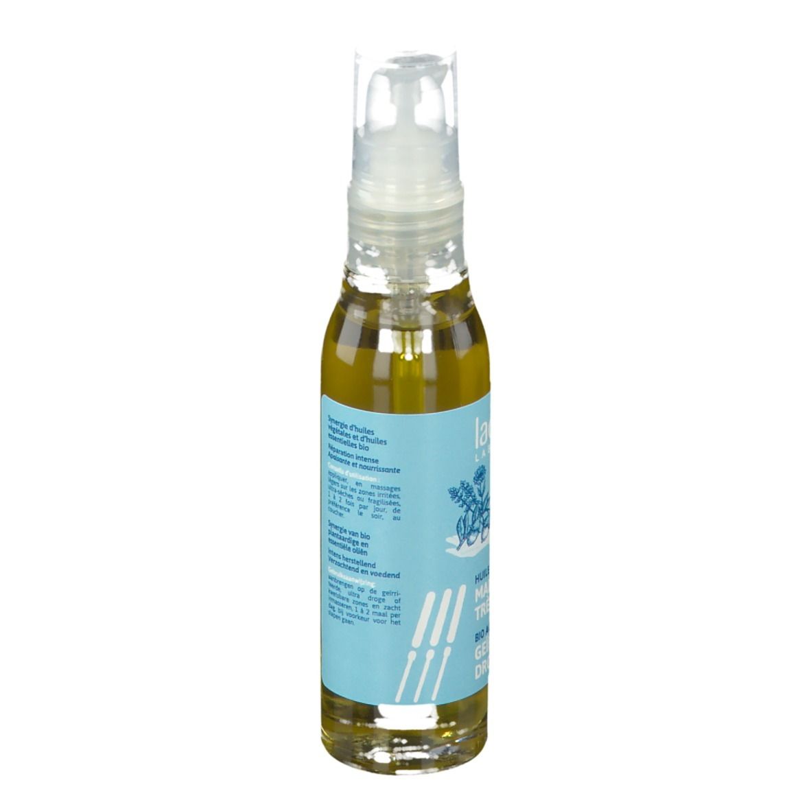Ölflasche mit hellblauem Etikett. Text und Logo. Bio-Zertifizierung. Pumpverschluss. Klarflüssig.