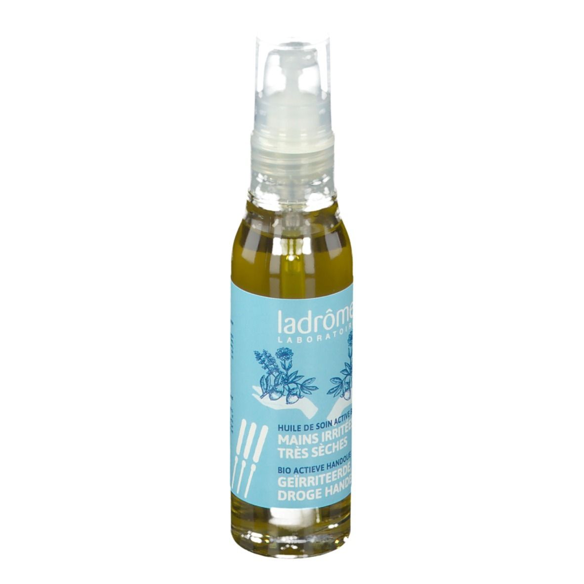 Ölflasche mit hellblauem Etikett. Text: Huile de soin active bio. Für trockene, gereizte Hände. Pumpverschluss.
