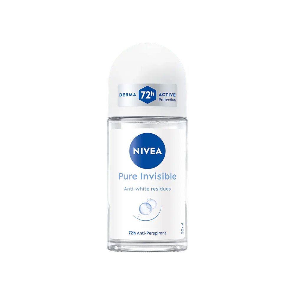 Roll-on NIVEA Pure Invisible. Flacon transparent avec bouchon blanc. Inscription : 72h Anti-Perspirant, Derma Protection.