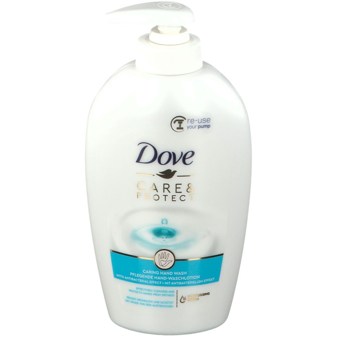 Flacon de savon pour les mains blanc avec pompe. Inscription Dove Care & Protect. Accents bleus et dorés. Texte : Caring Hand Wash.