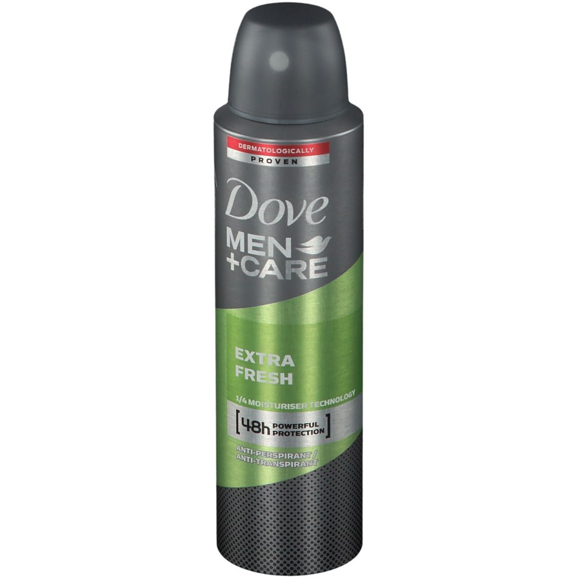 Bombe de déodorant grise et noire. Dove MEN+CARE Extra Fresh. Accents verts. Protection 48h.